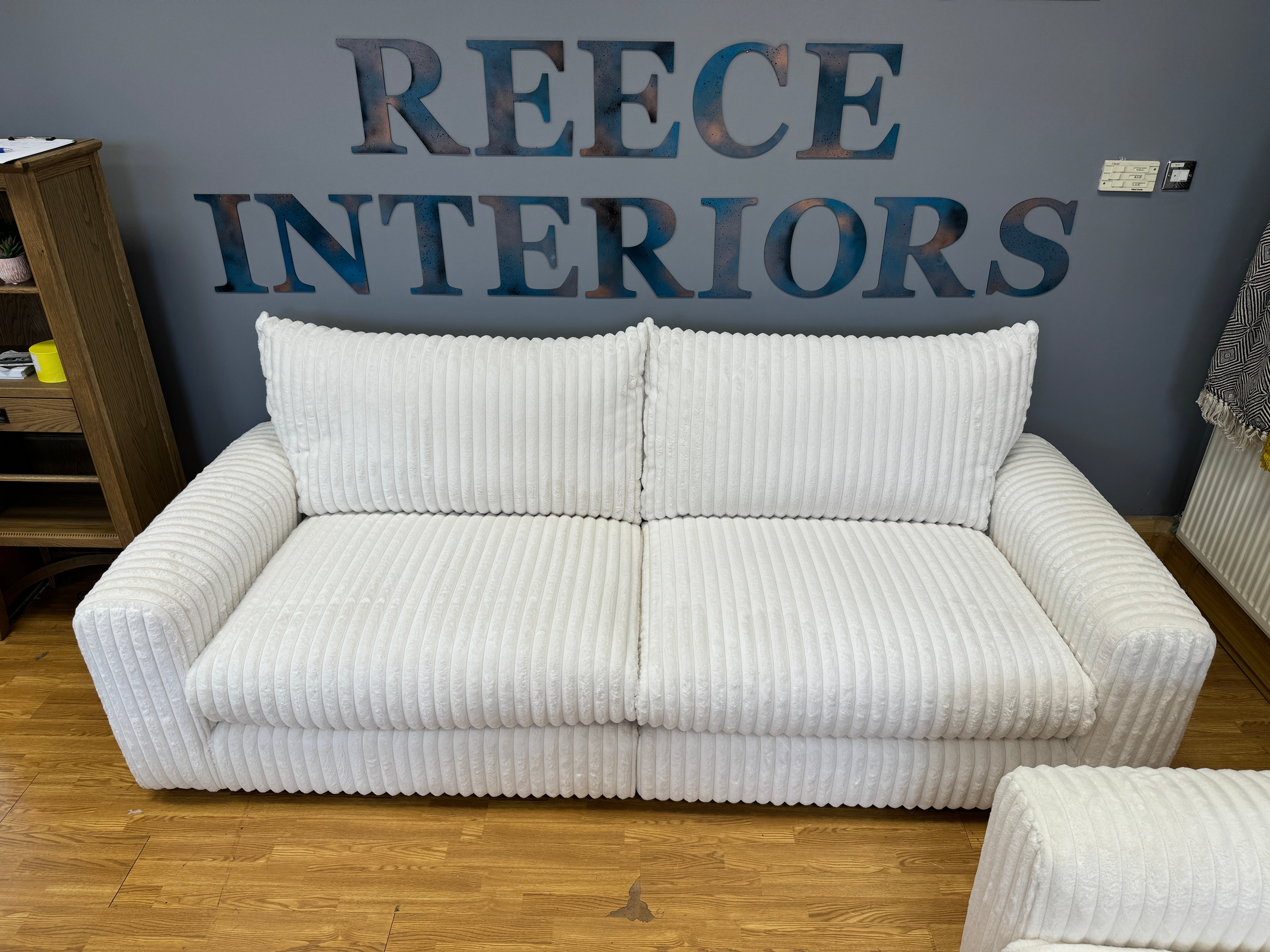 REYA 4 seater large split sofa in Casper snow off white faux ribbed fur