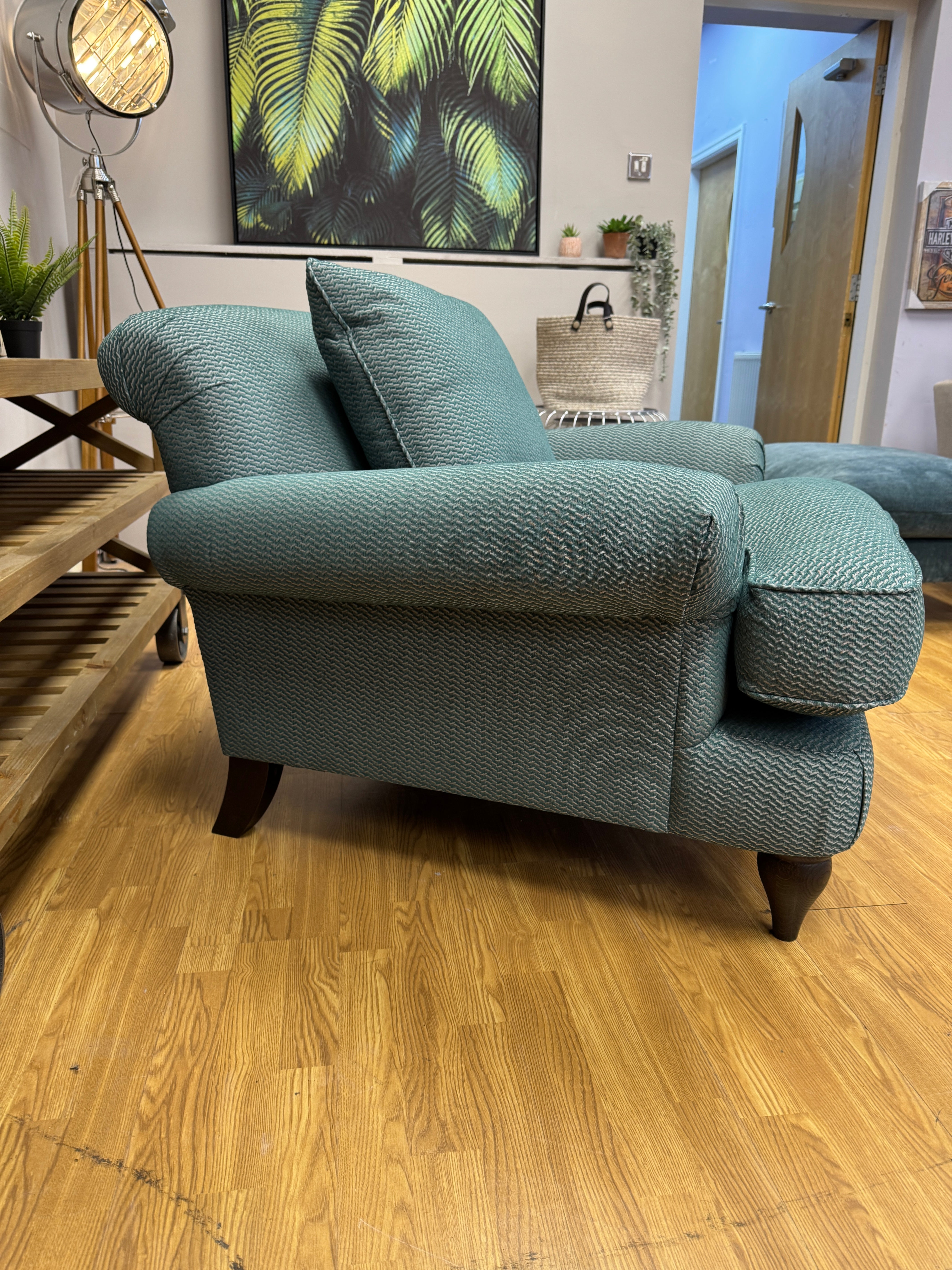 Croft Collection Findon scroll 2 seater sofa in Juno teal weave