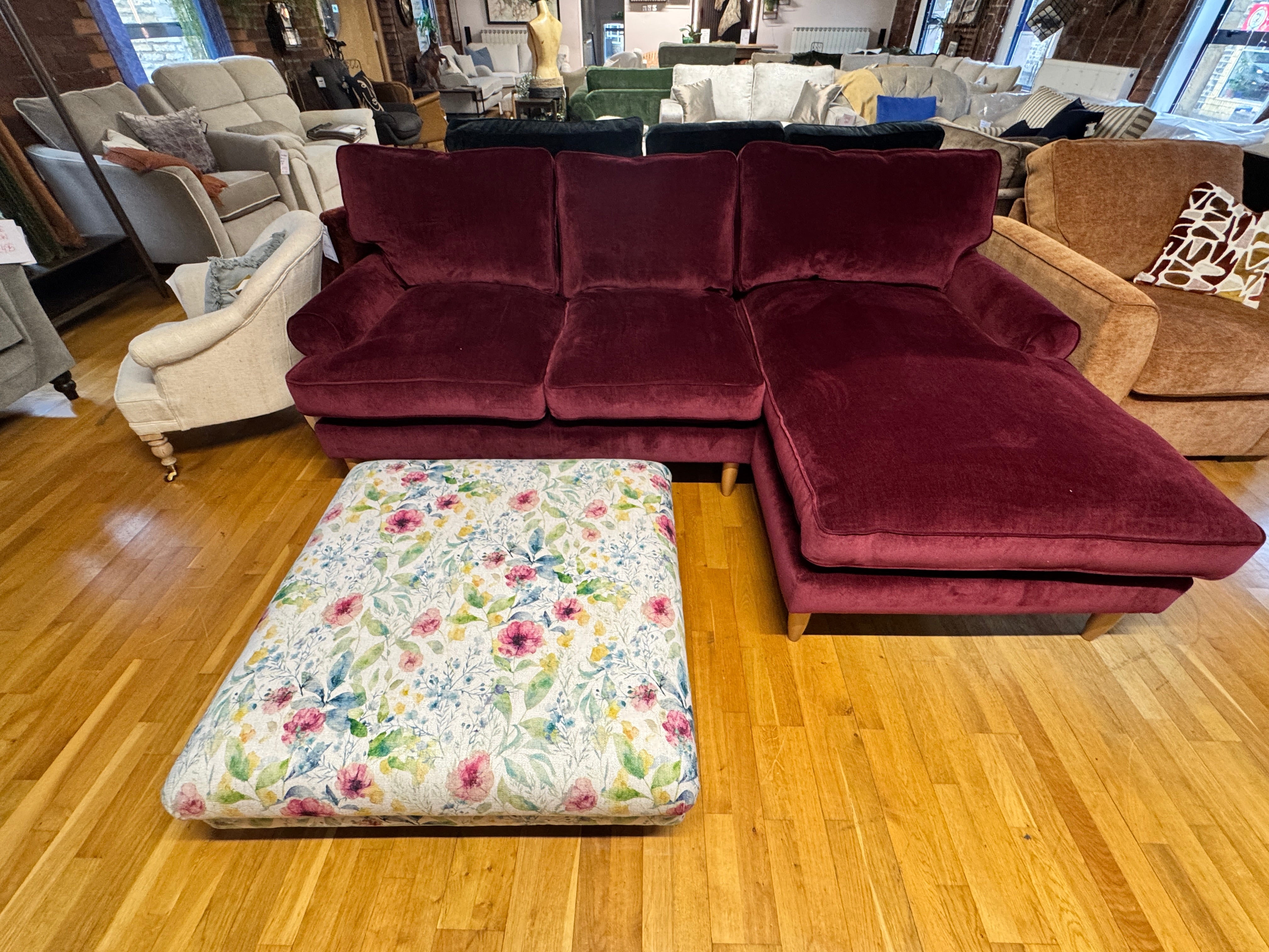 Finchley right facing 2 piece chaise sofa in Mulberry red chenille fabric