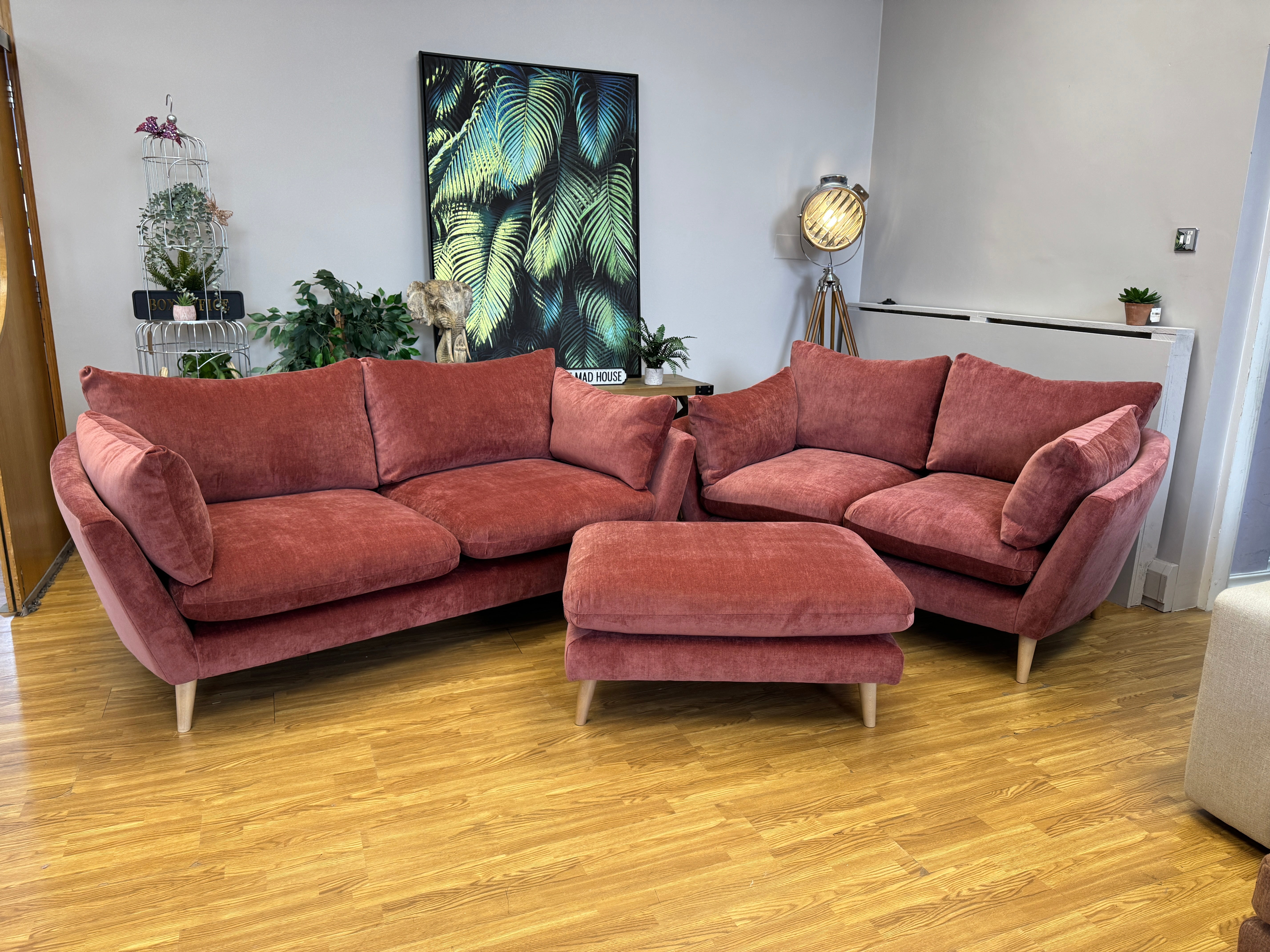 Elton curved sided medium 2 seater sofa in raspberry chenille fabric