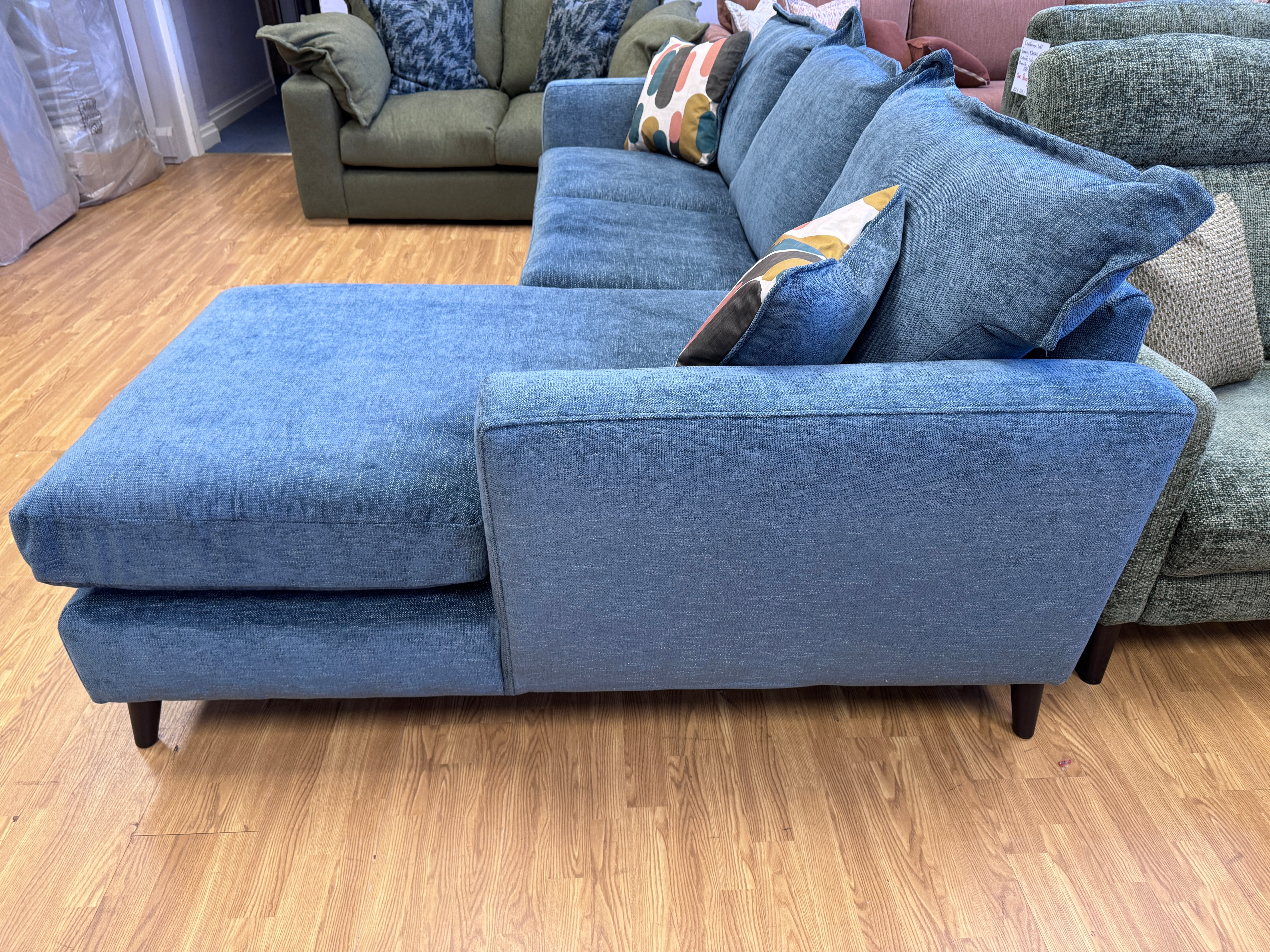 Sofia 3 seater right facing chaise end sofa in Marlon Atlantic blue. fabric