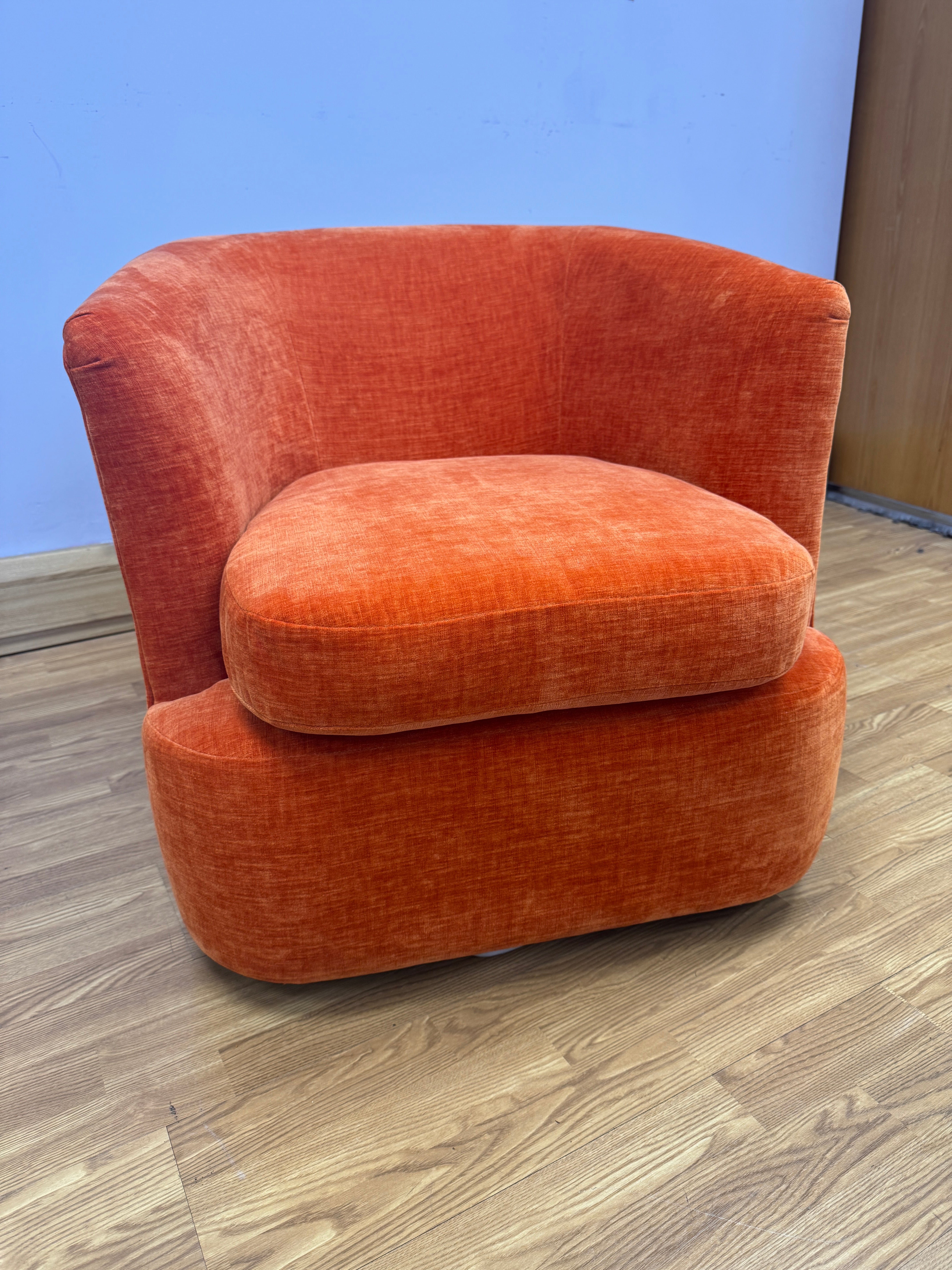 Orla Kiely Callan swivel base chair in Orange velvet with Jigsaw pink ochre back