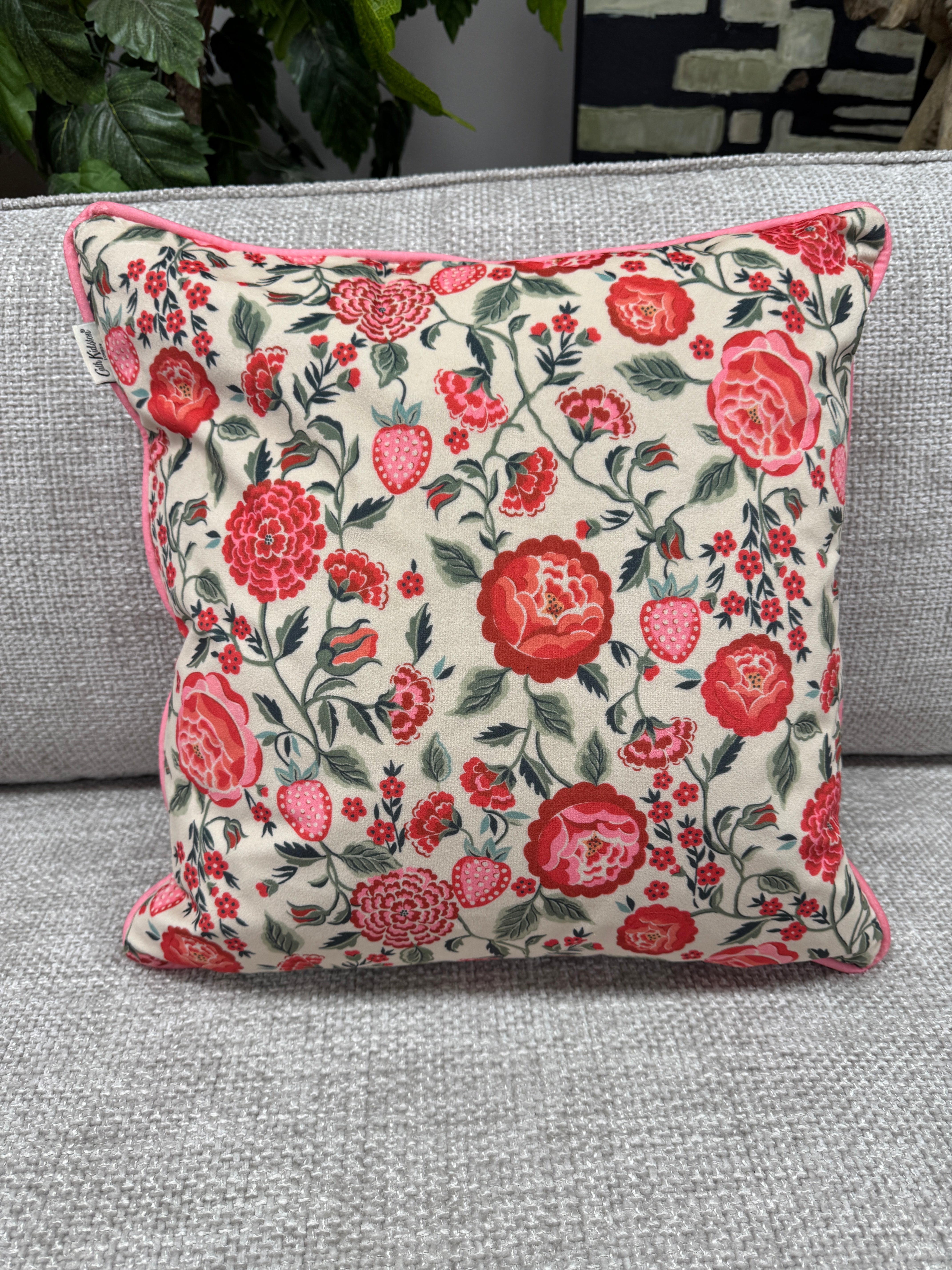 Cath Kidston square cushion in pink Keep Kind / floral velvet 45 x 45cm