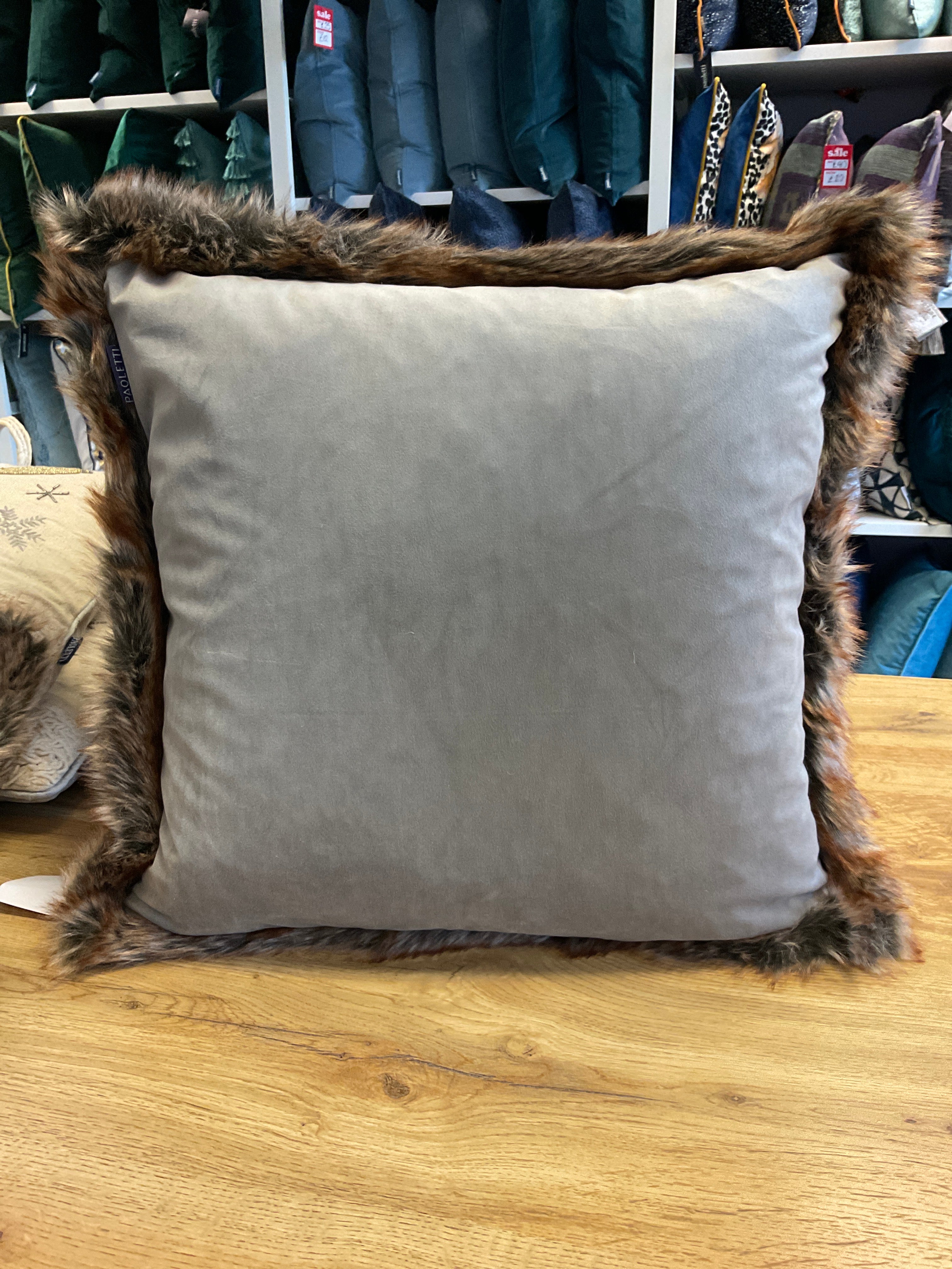 Kiruna velvet cushion with faux fur edge 45 x 45cm grey