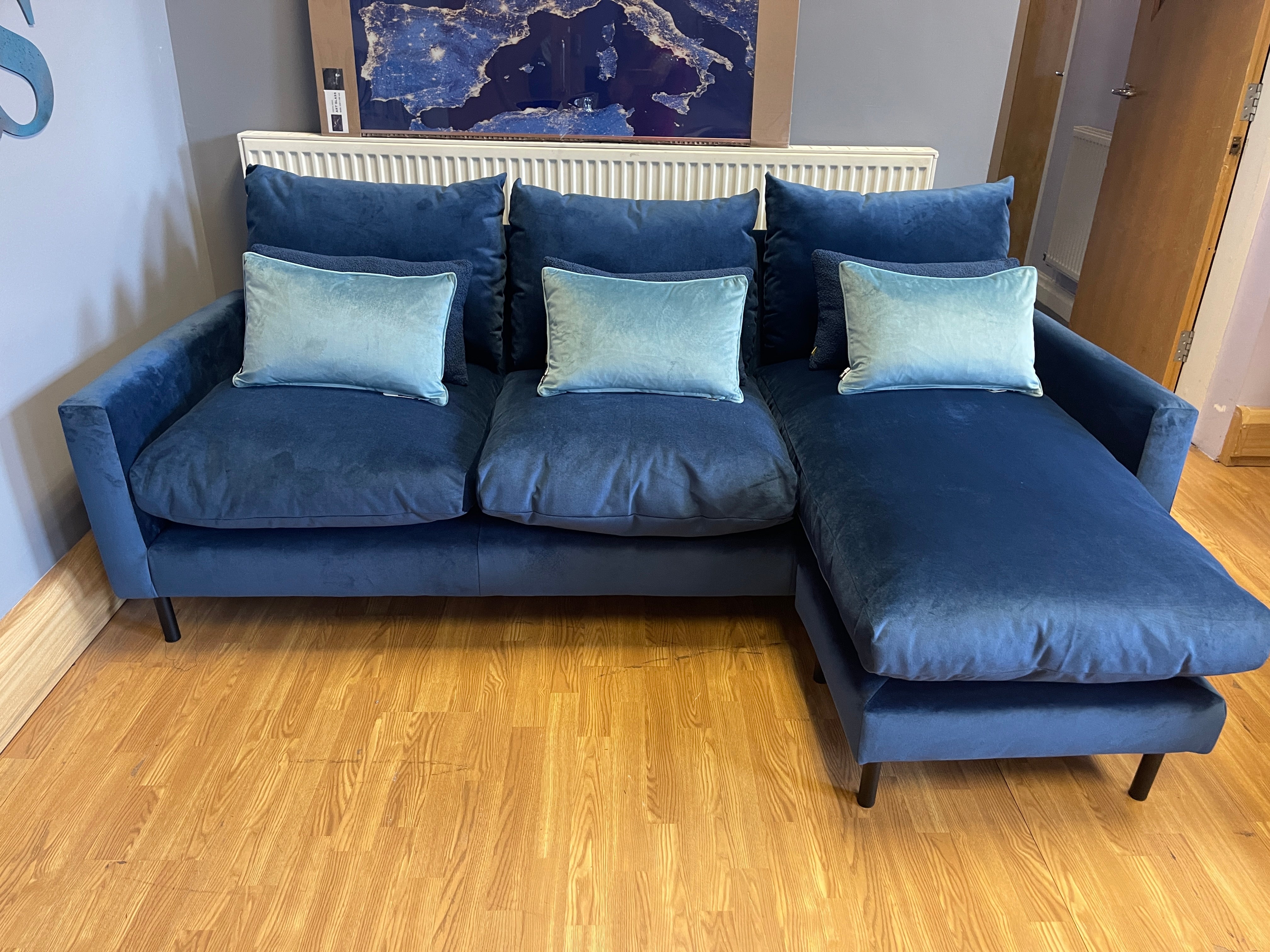 MADE.COM RUSSO 3 seater standard back left or right facing chaise sofa in royal blue velvet fabric