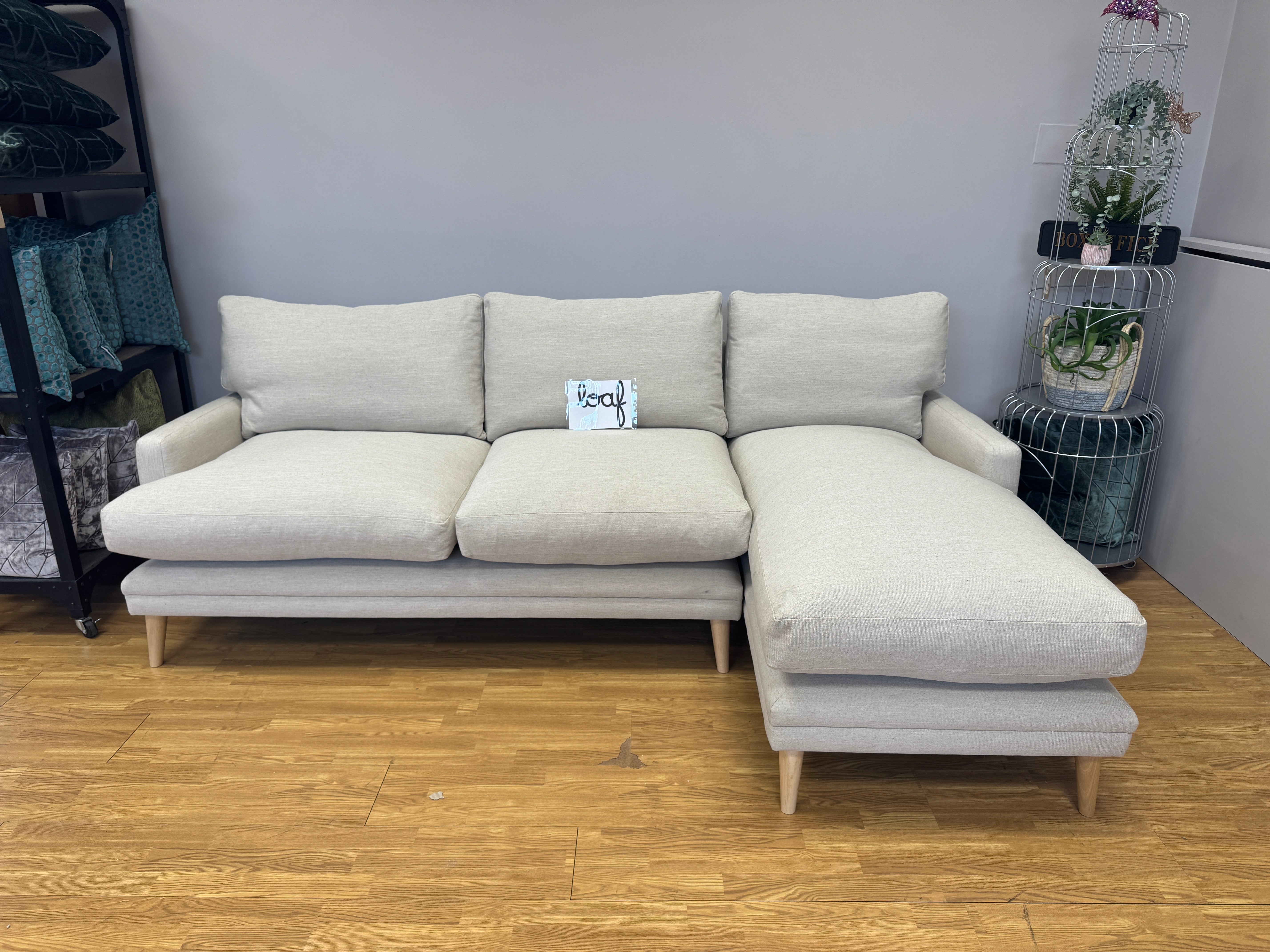 Loaf Squisharoo 2 piece right facing XL chaise sofa in natural linen fabric
