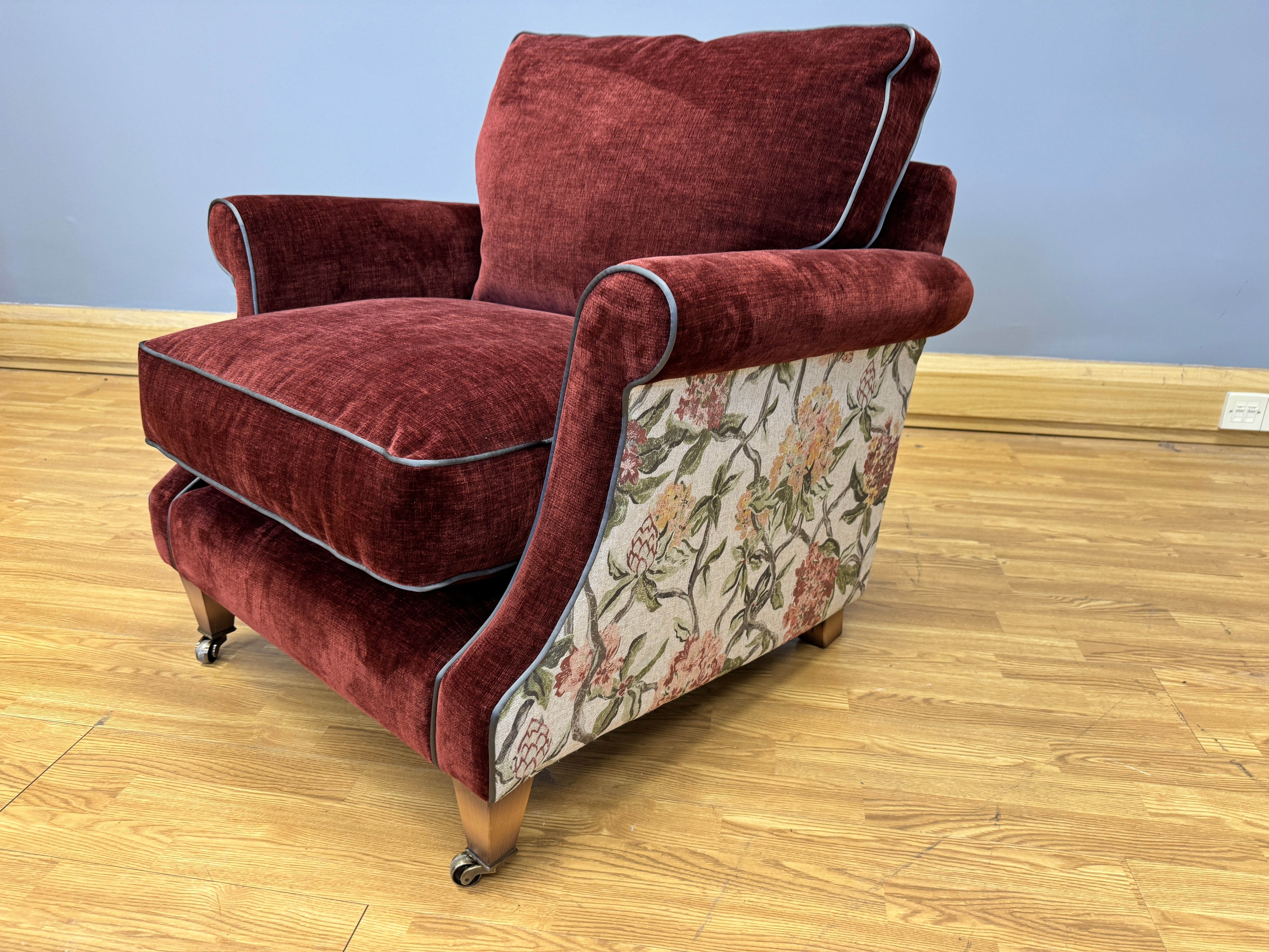 COLLINS & HAYES scroll arm accent chair in rust velvet & floral sides