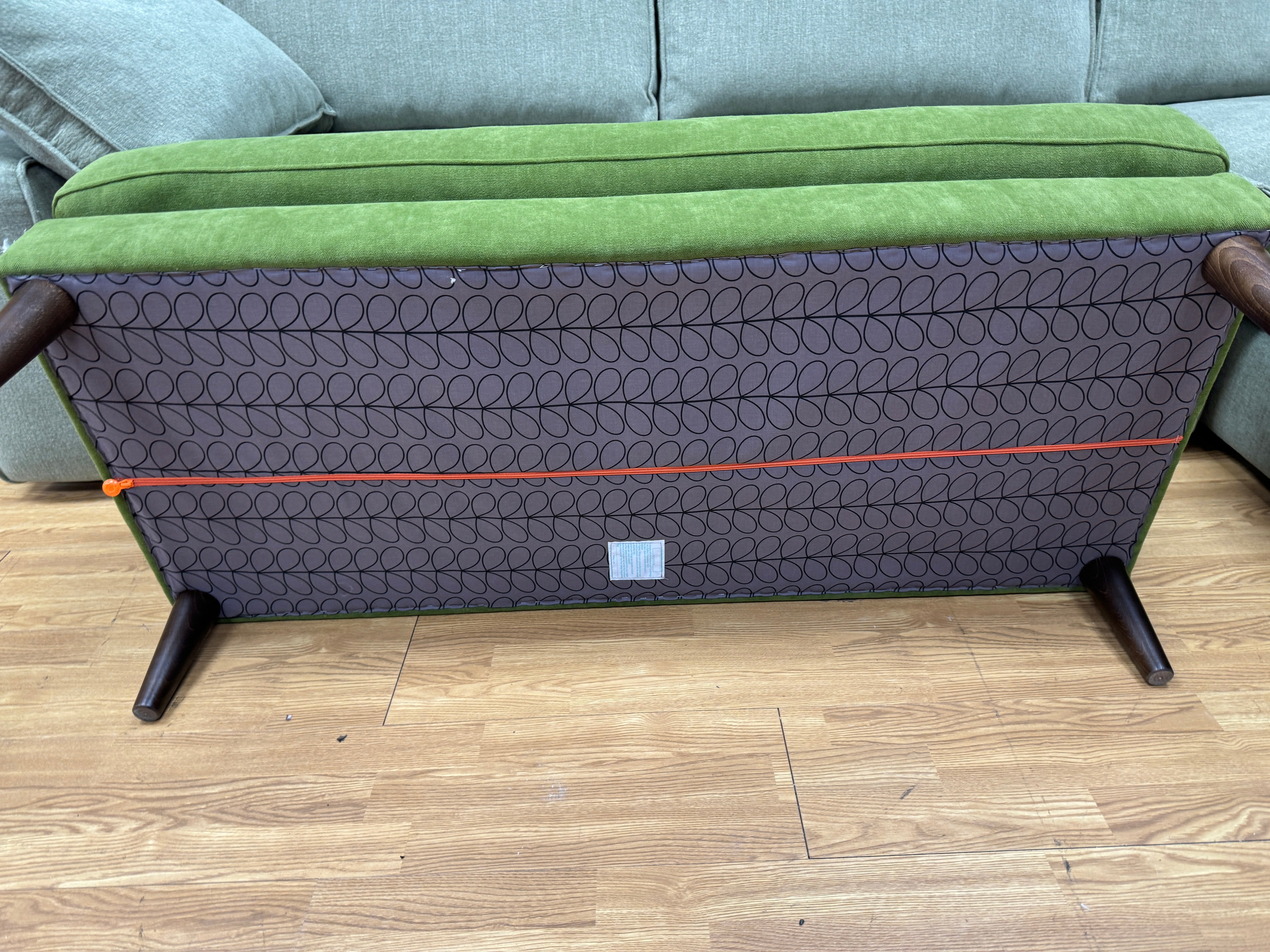 Orla Kiely Sample bench style button top footstool in apple green velvet fabric RRP £399