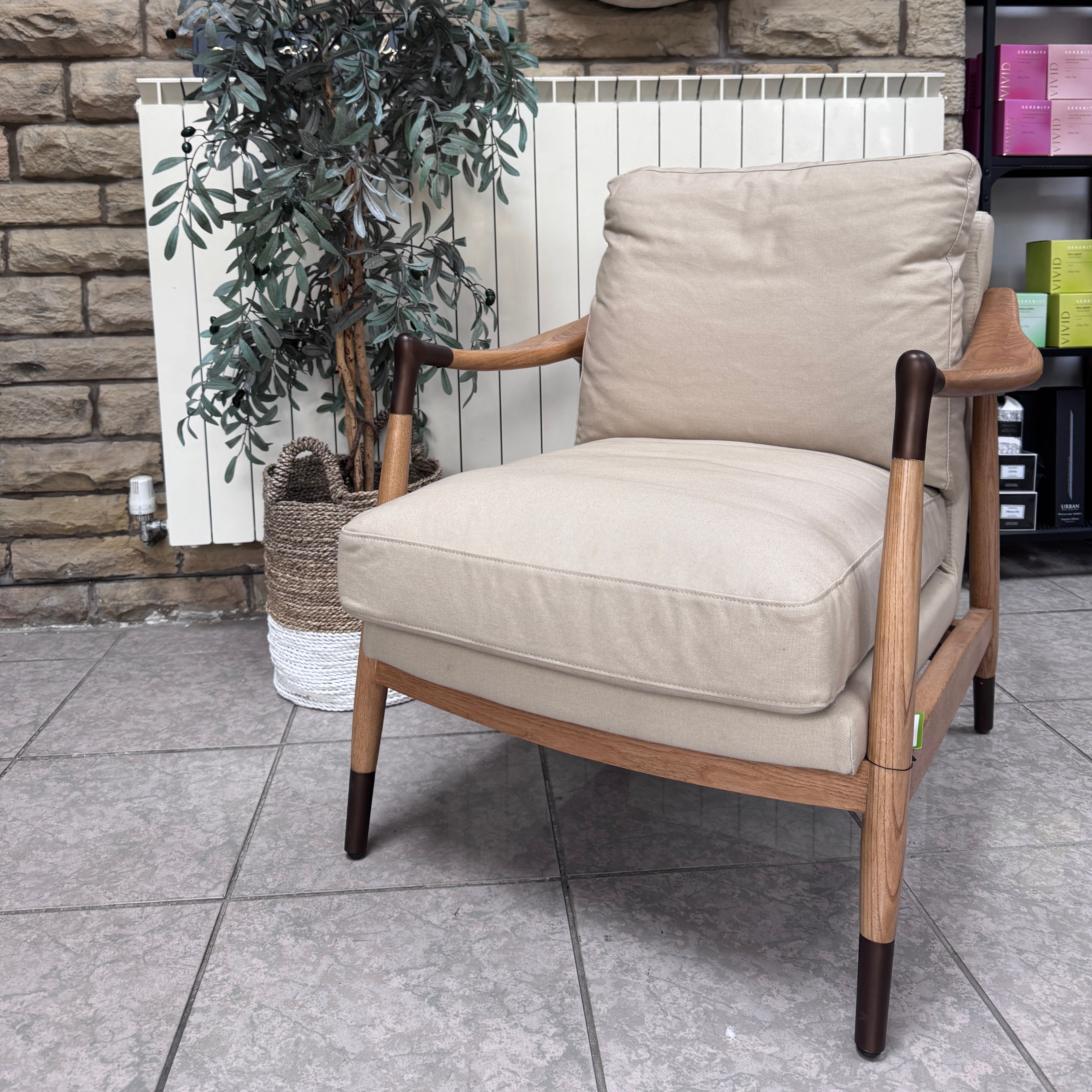 Alfie accent chair in natural linen with polished Ash wooden frame