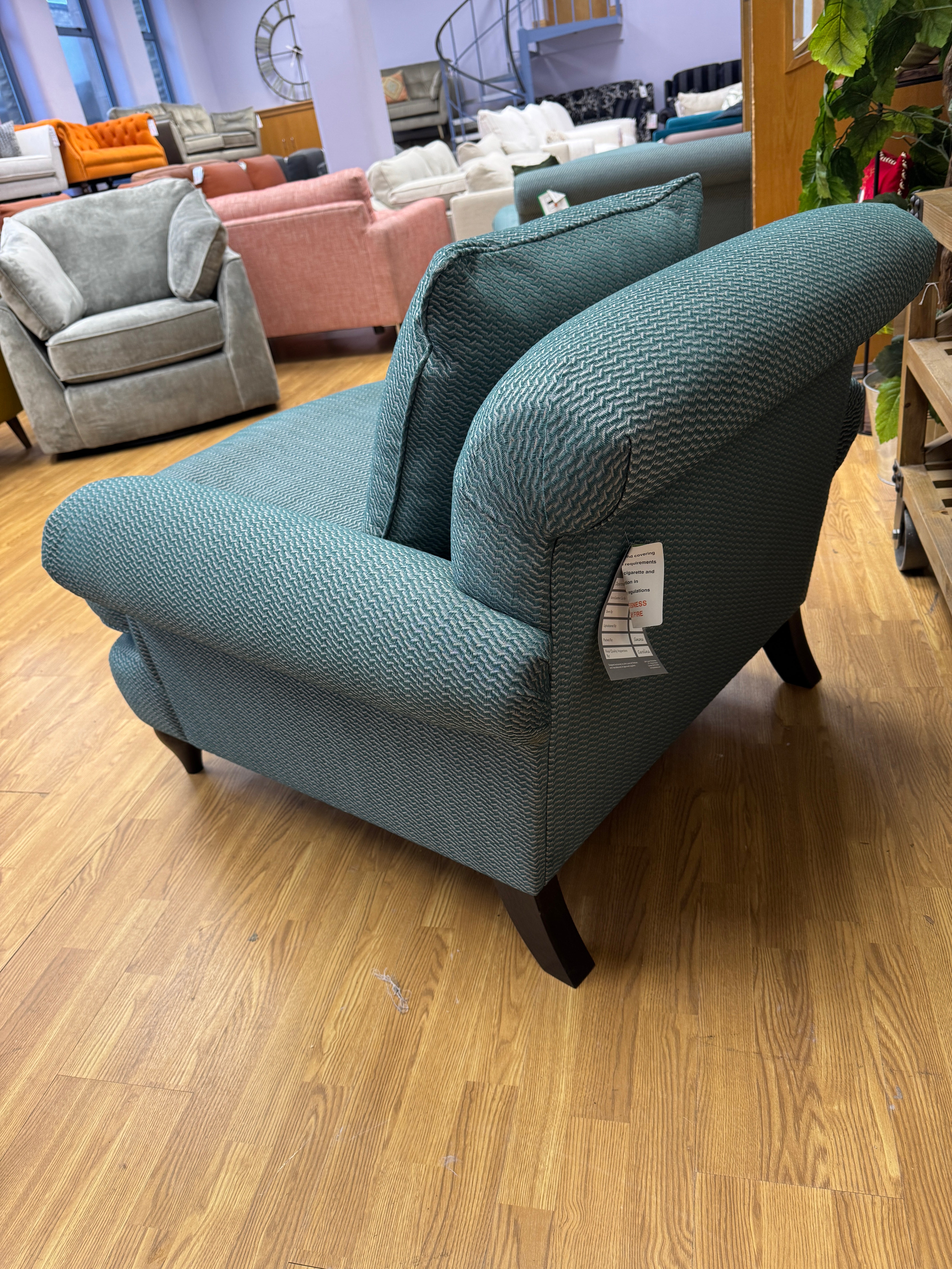 Croft Collection Findon scroll arm accent chair in Juno teal weave