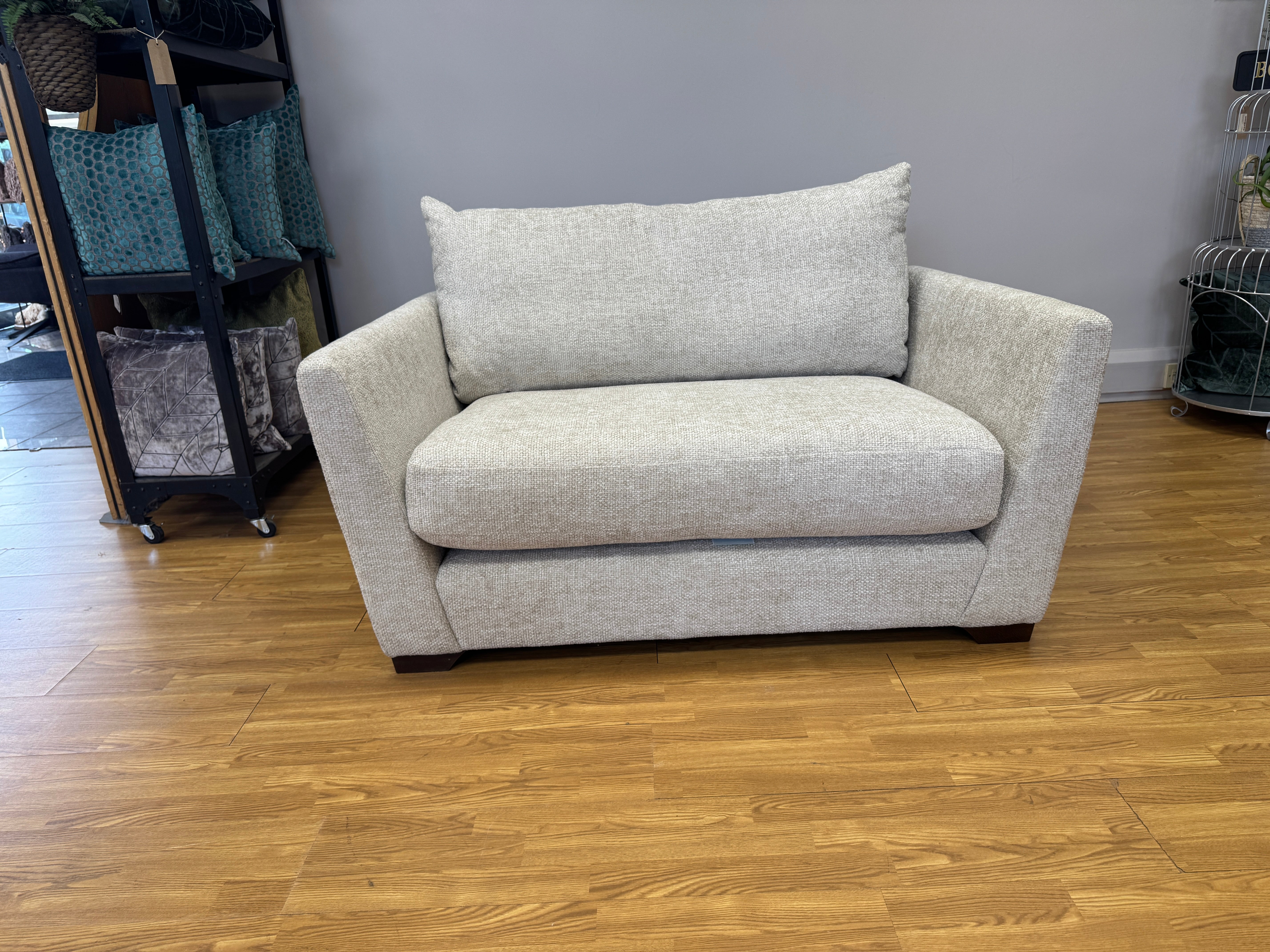 Sofology Tallulah loveseat in basketweave cream all over chenille weave fabric