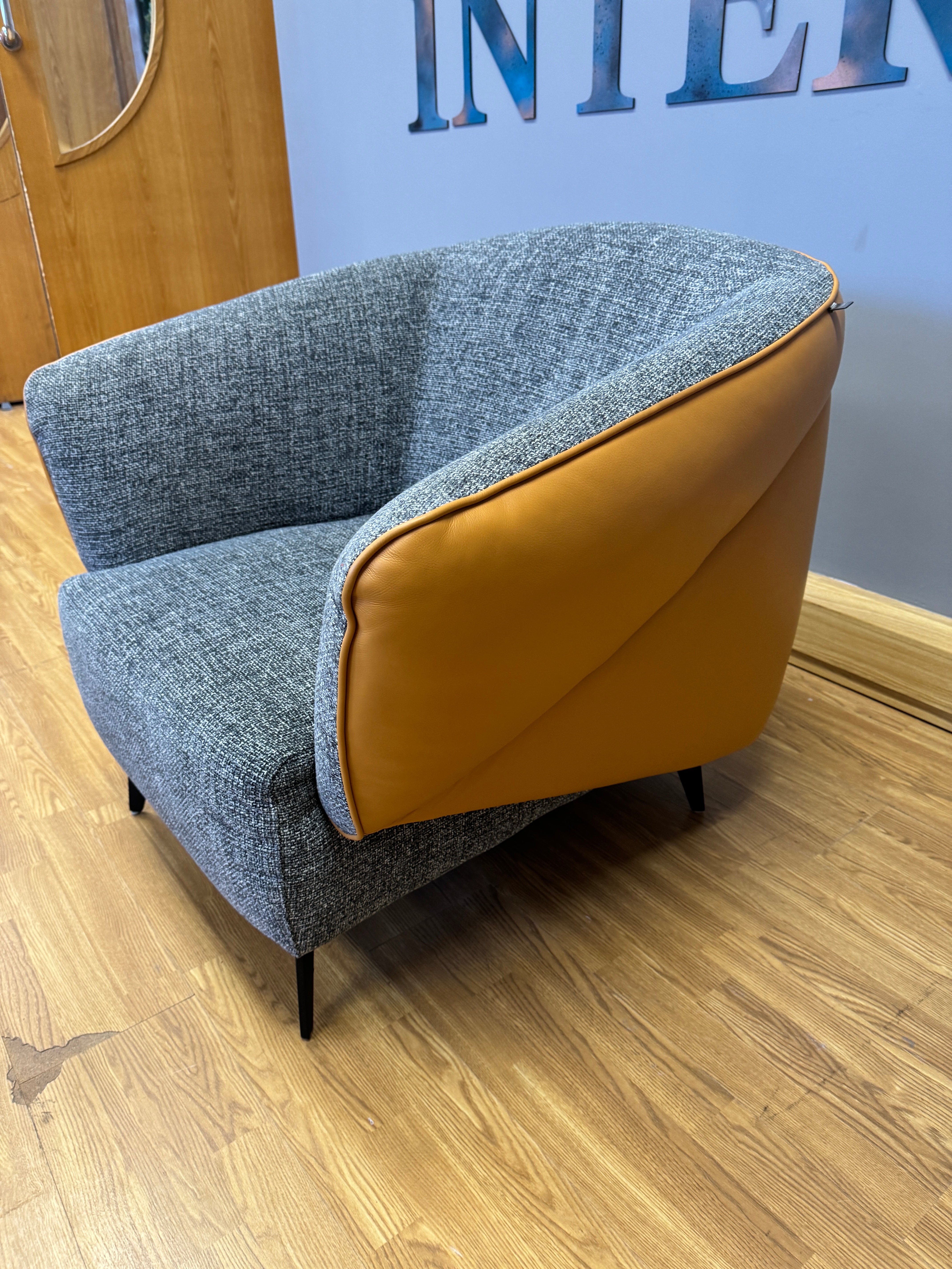 Domicil Mason round accent chair in Honey leather and grey weave fabric