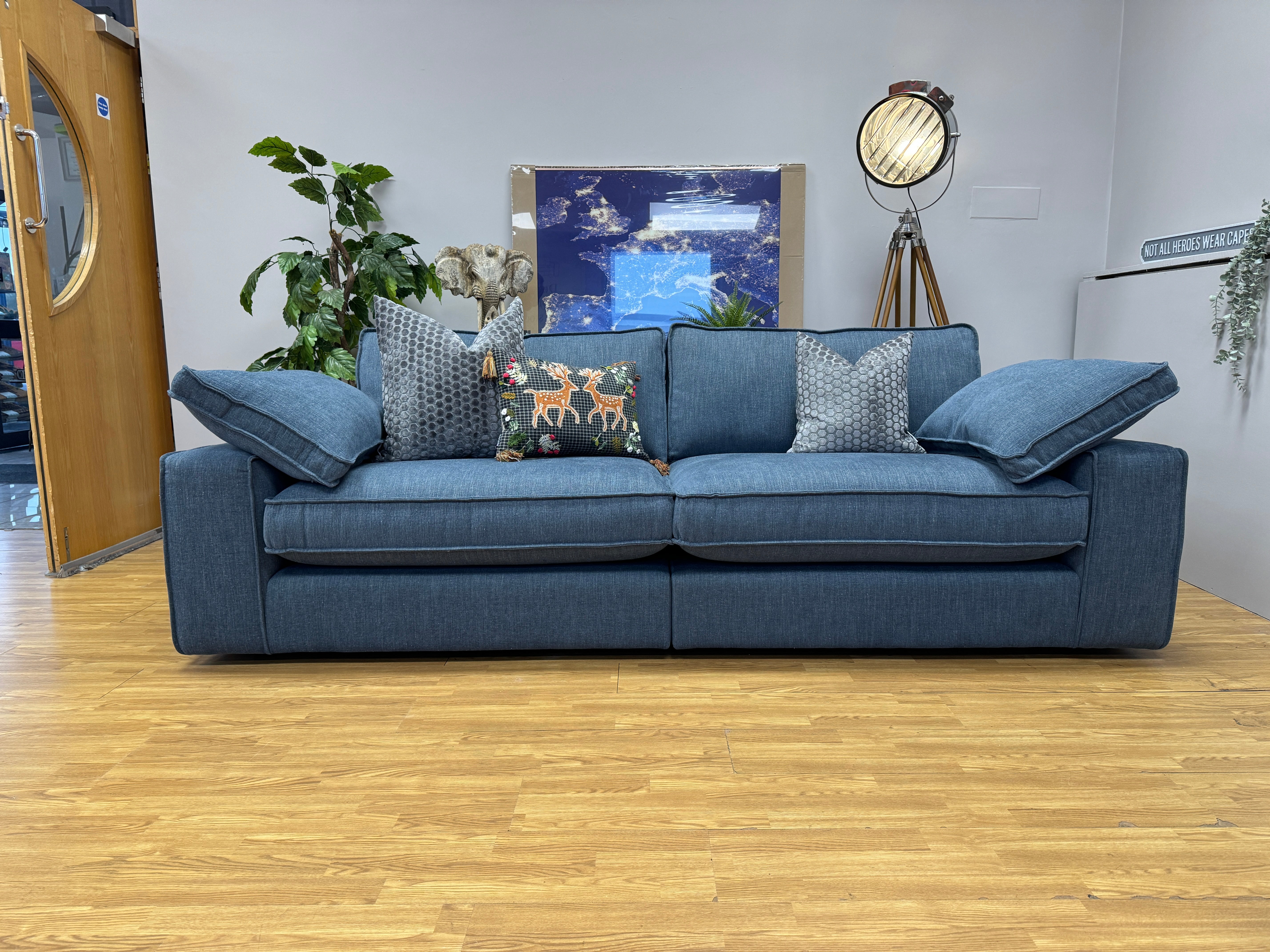 Luca split 4 seater sofa in denim blue washed weave fabric