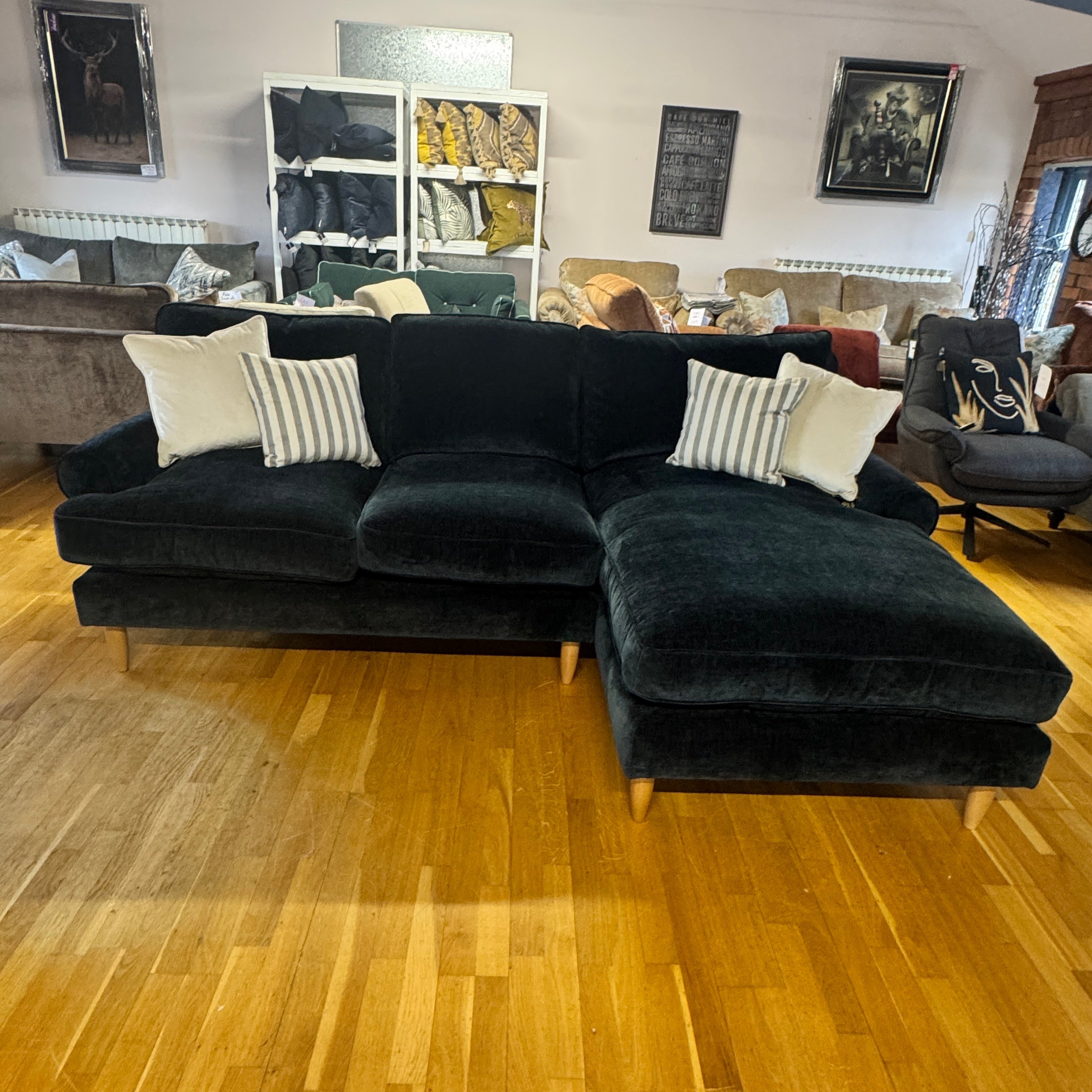 Finchley right facing 2 piece chaise sofa in Ink blue chenille fabric