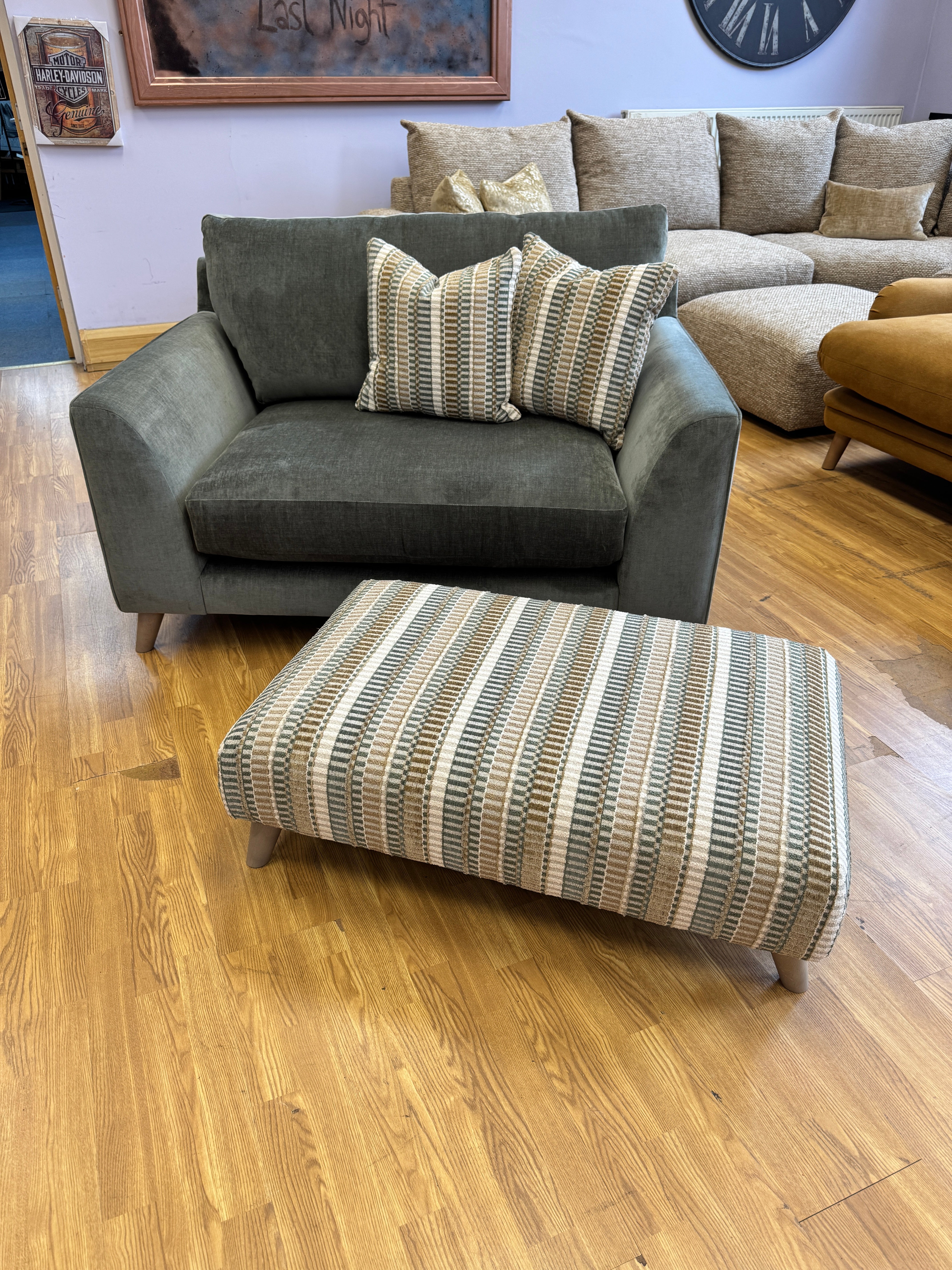 Tovi Footstool in striped mix fabric with matching pair of side cushions