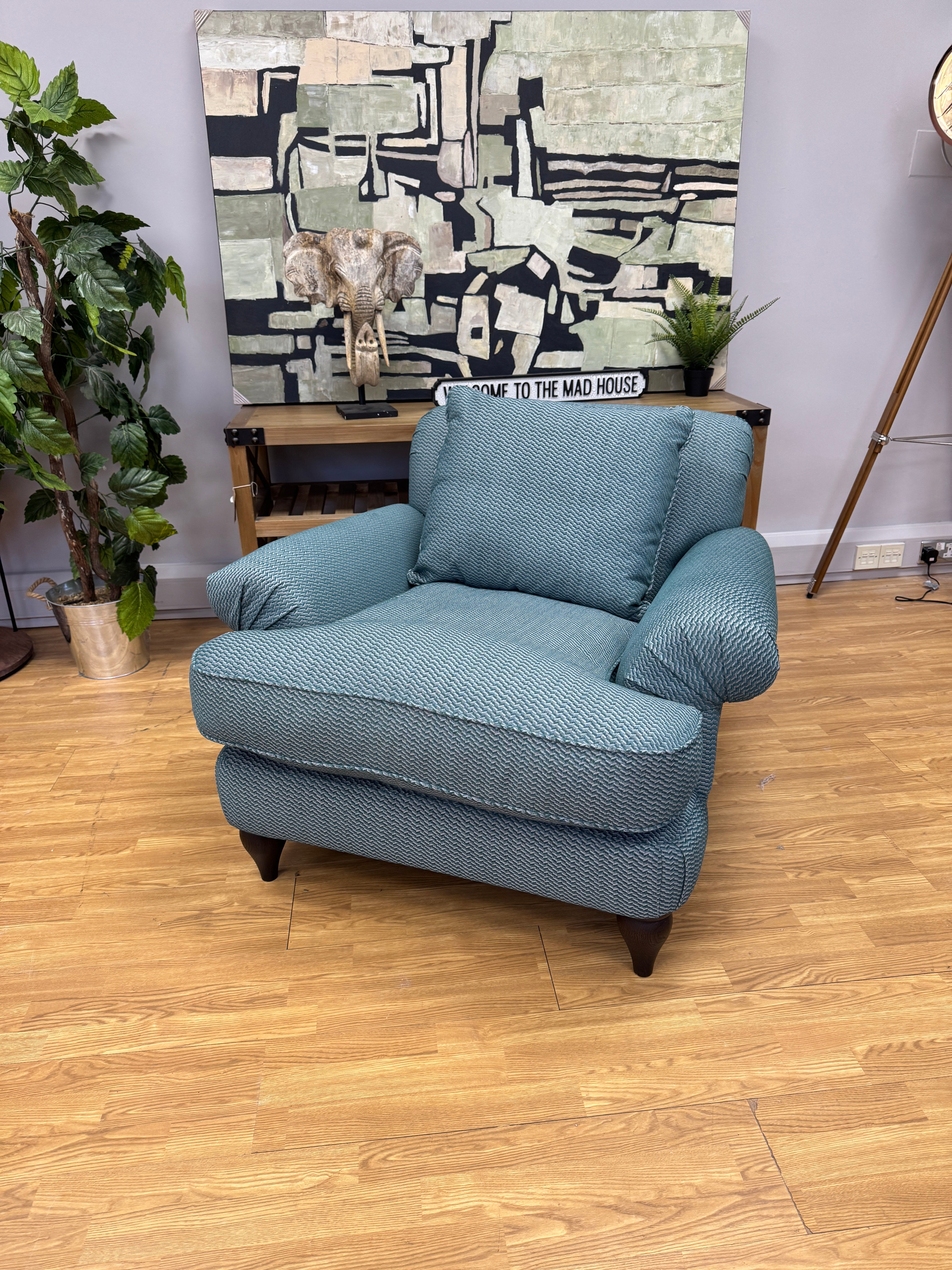 Croft Collection Findon scroll arm accent chair in Juno teal weave