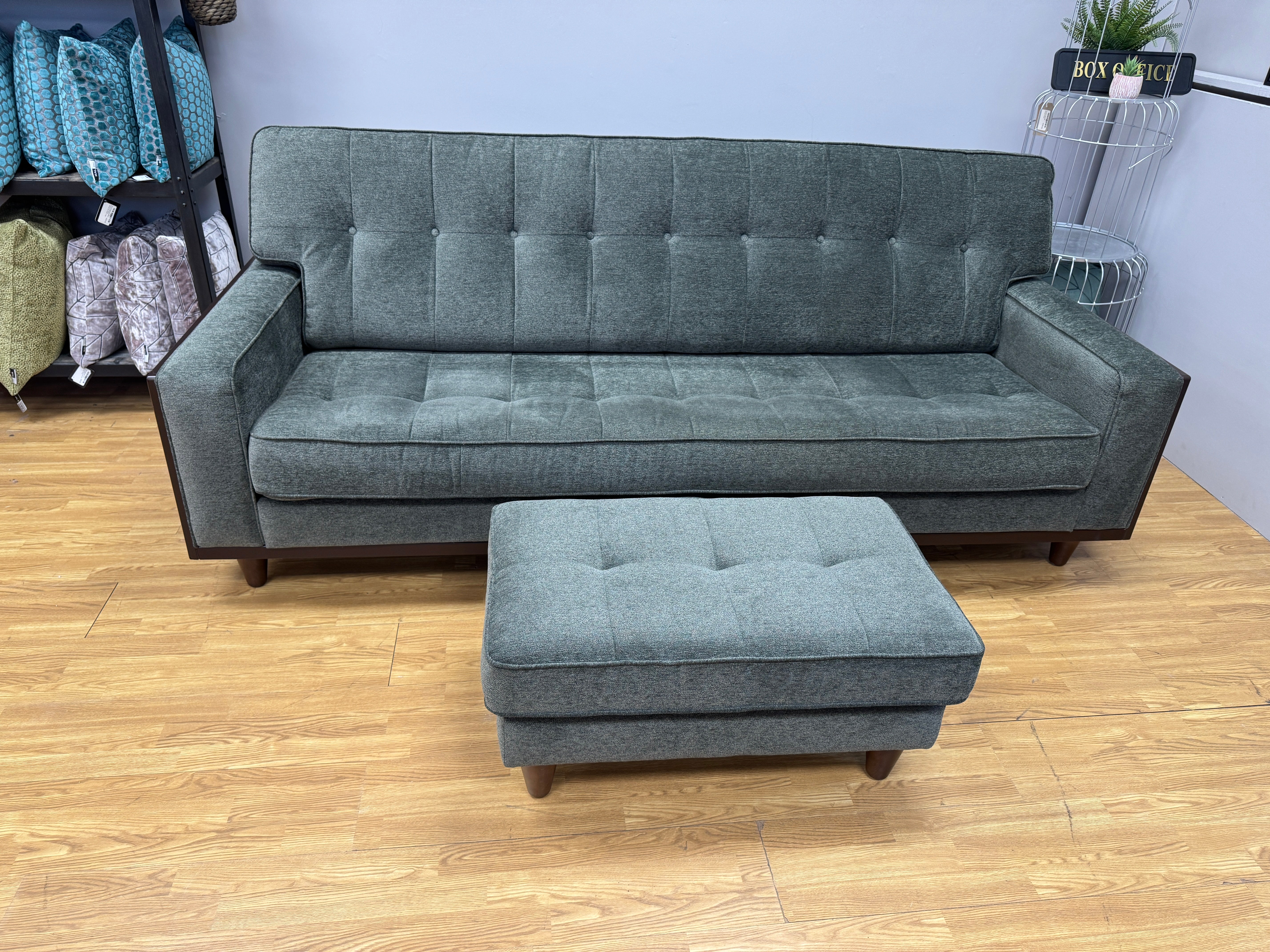 G Plan Agatha 4 seater fixed seat sofa & matching footstool in Alpine green fabric