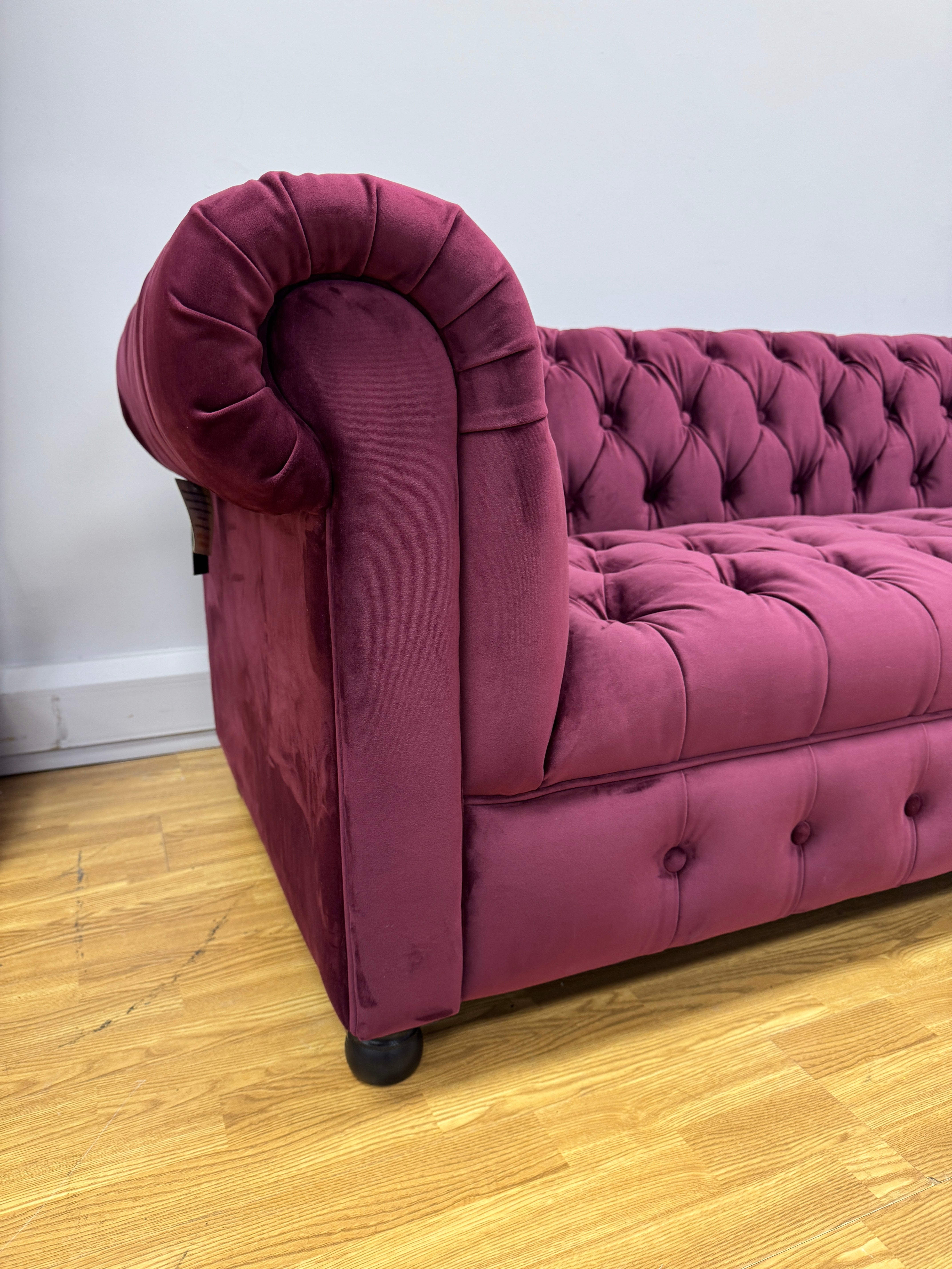 Timothy Oulton Westminster button 2.5 seater Chesterfield sofa in Ruby Purple velvet