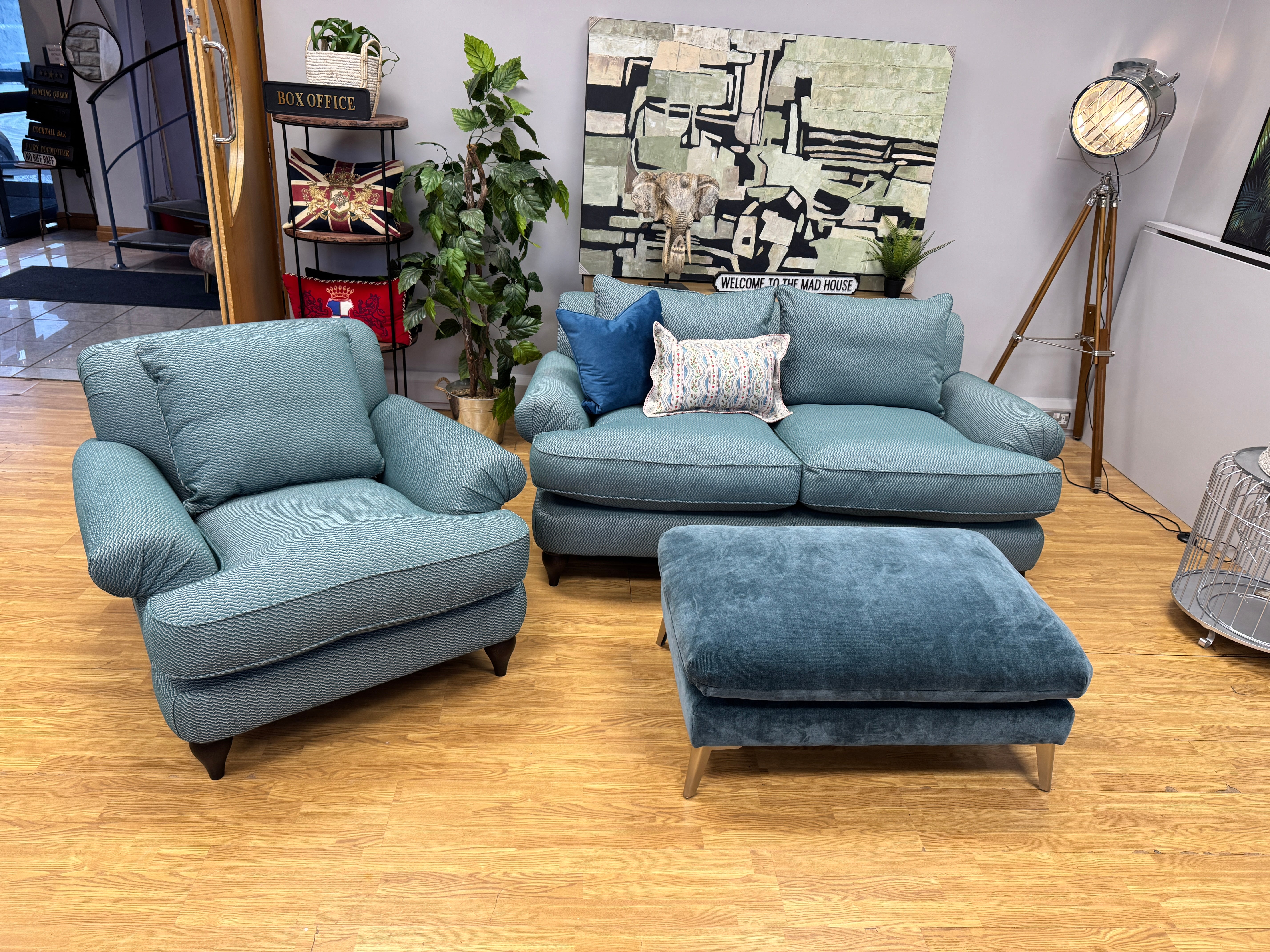 Croft Collection Findon scroll 2 seater sofa in Juno teal weave