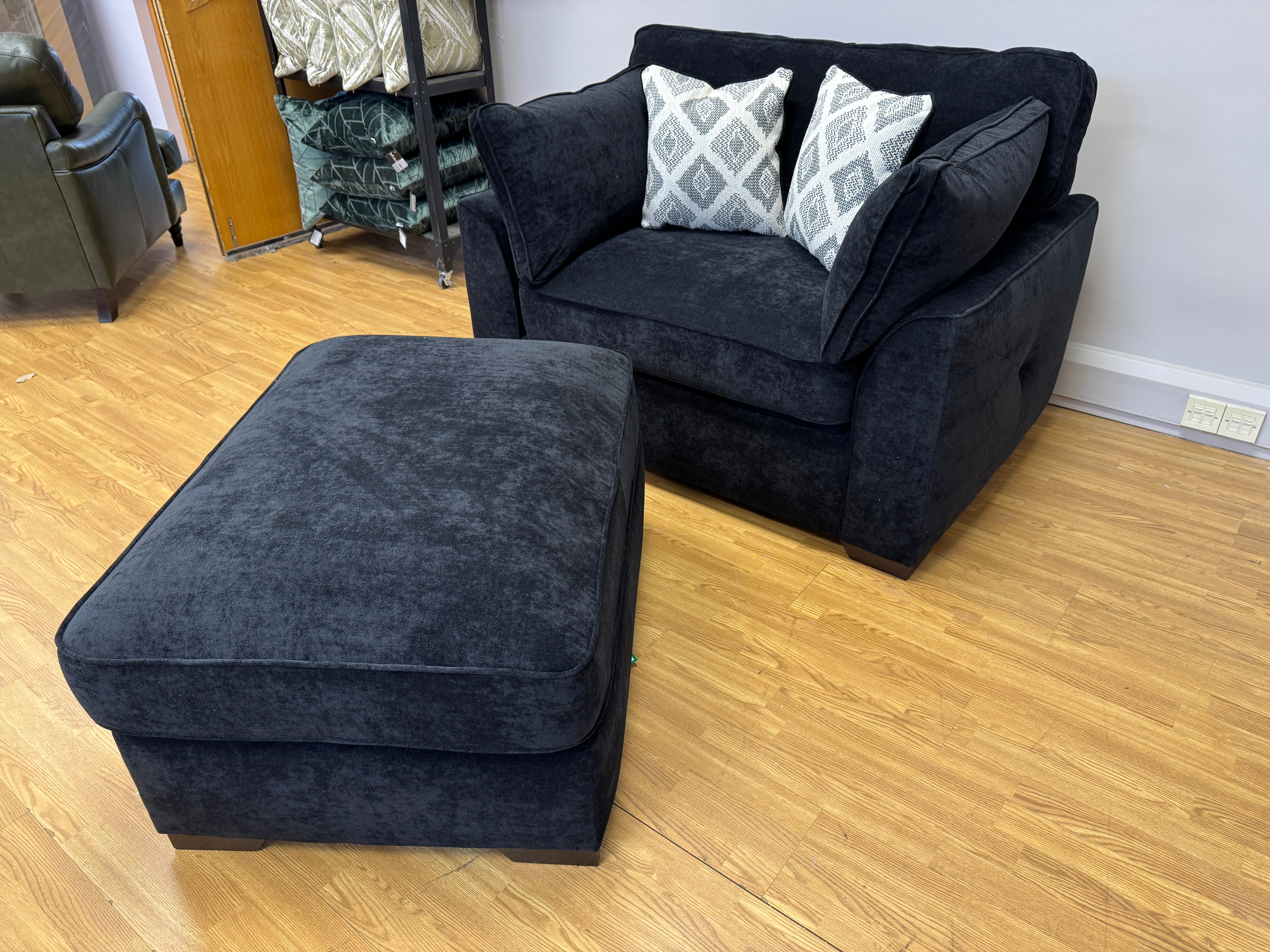 Lorna large loveseat with bolster cushions and matching footstool in Kingston Black chenille fabric