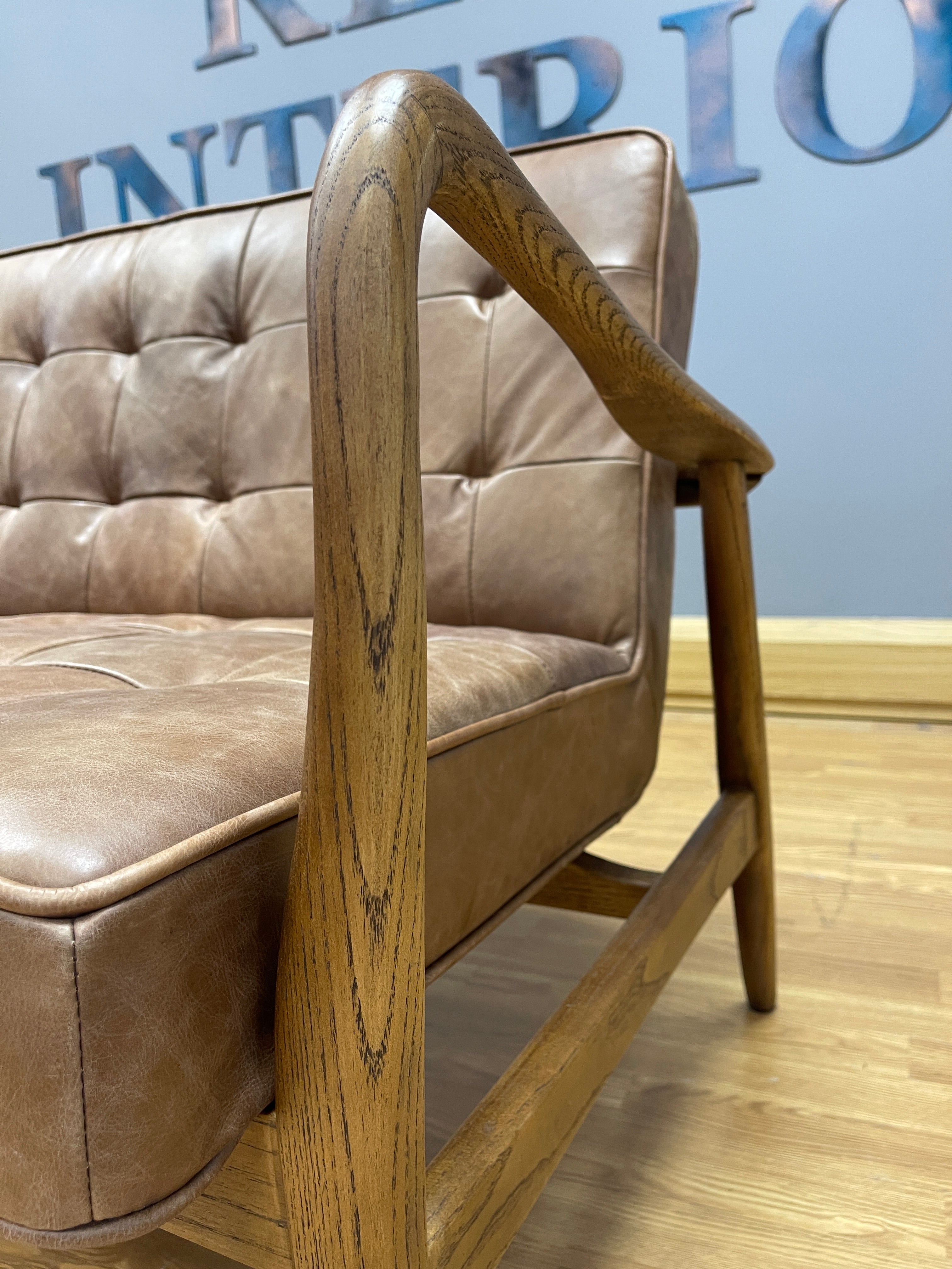 VINTAGE SOFA CO CALDER 2 seater sofa with vintage tan brown leather & polished walnut wood frame