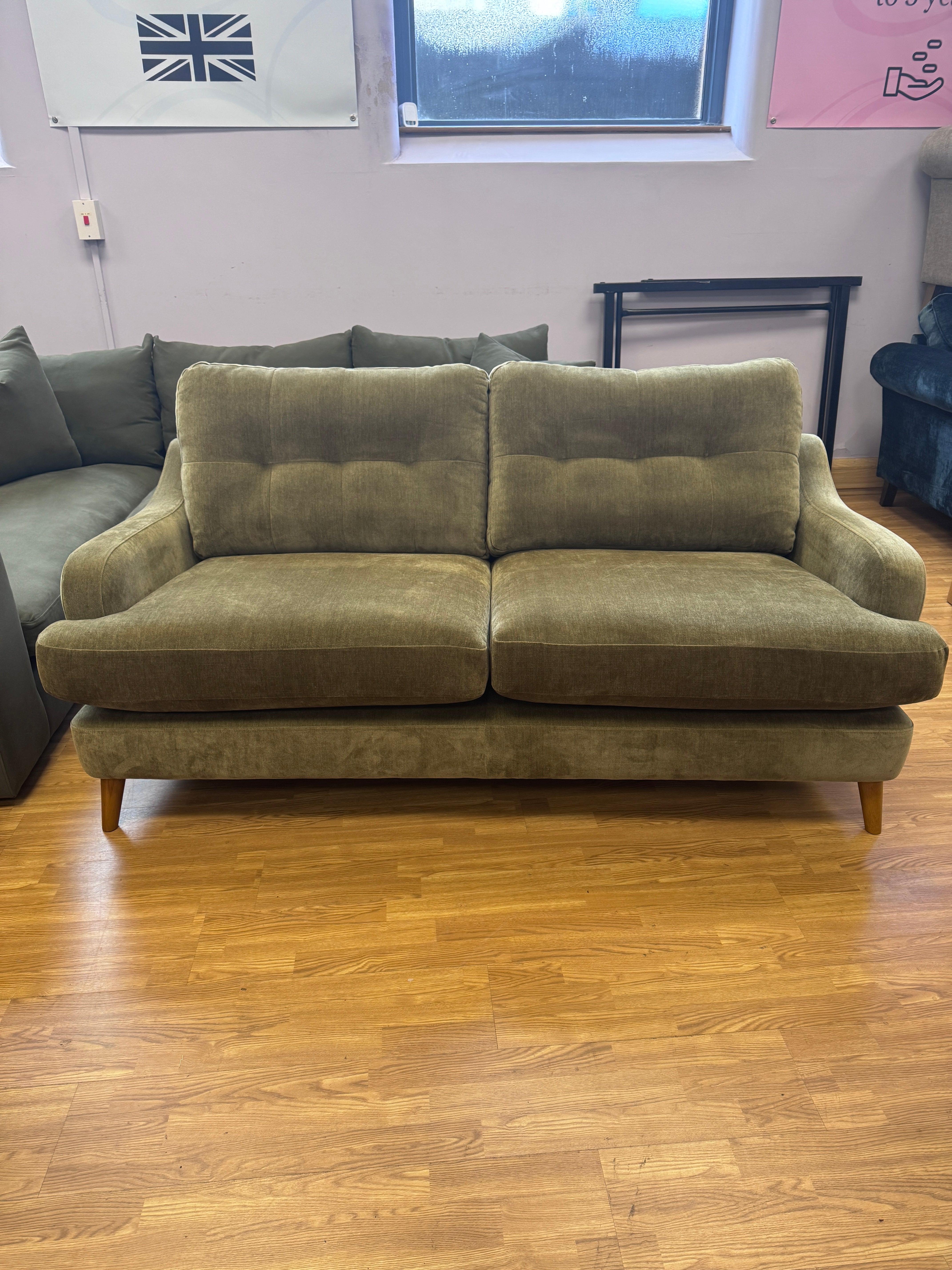 Rowen 3 seater standard back sofa in khaki green soft chenille fabric
