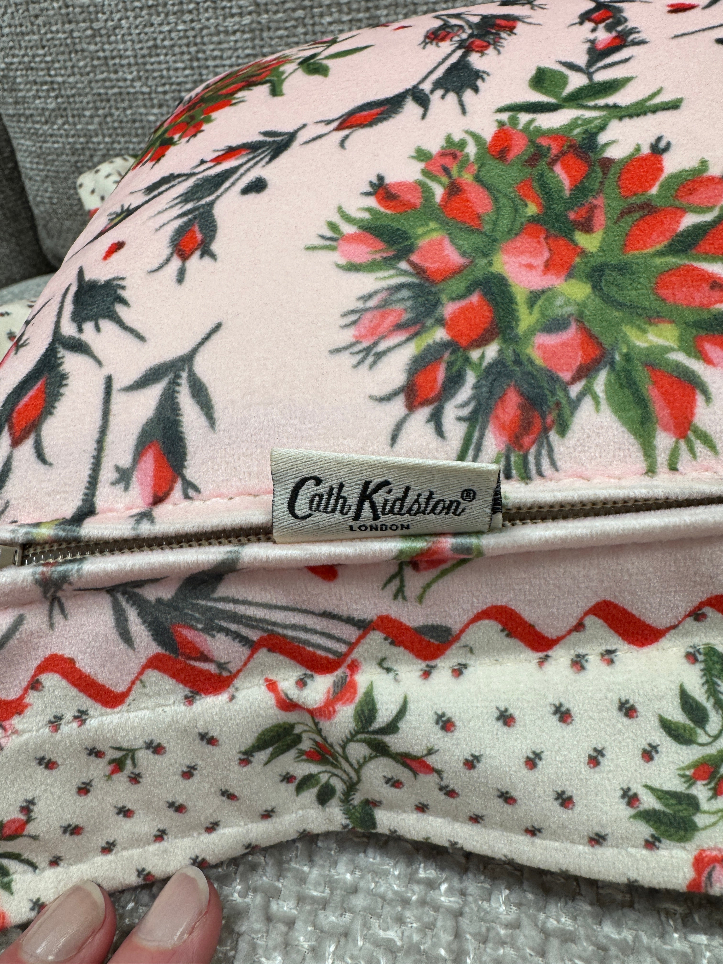 Cath Kidston bolster cushion in pink floral velvet fabric 30 x 50cm