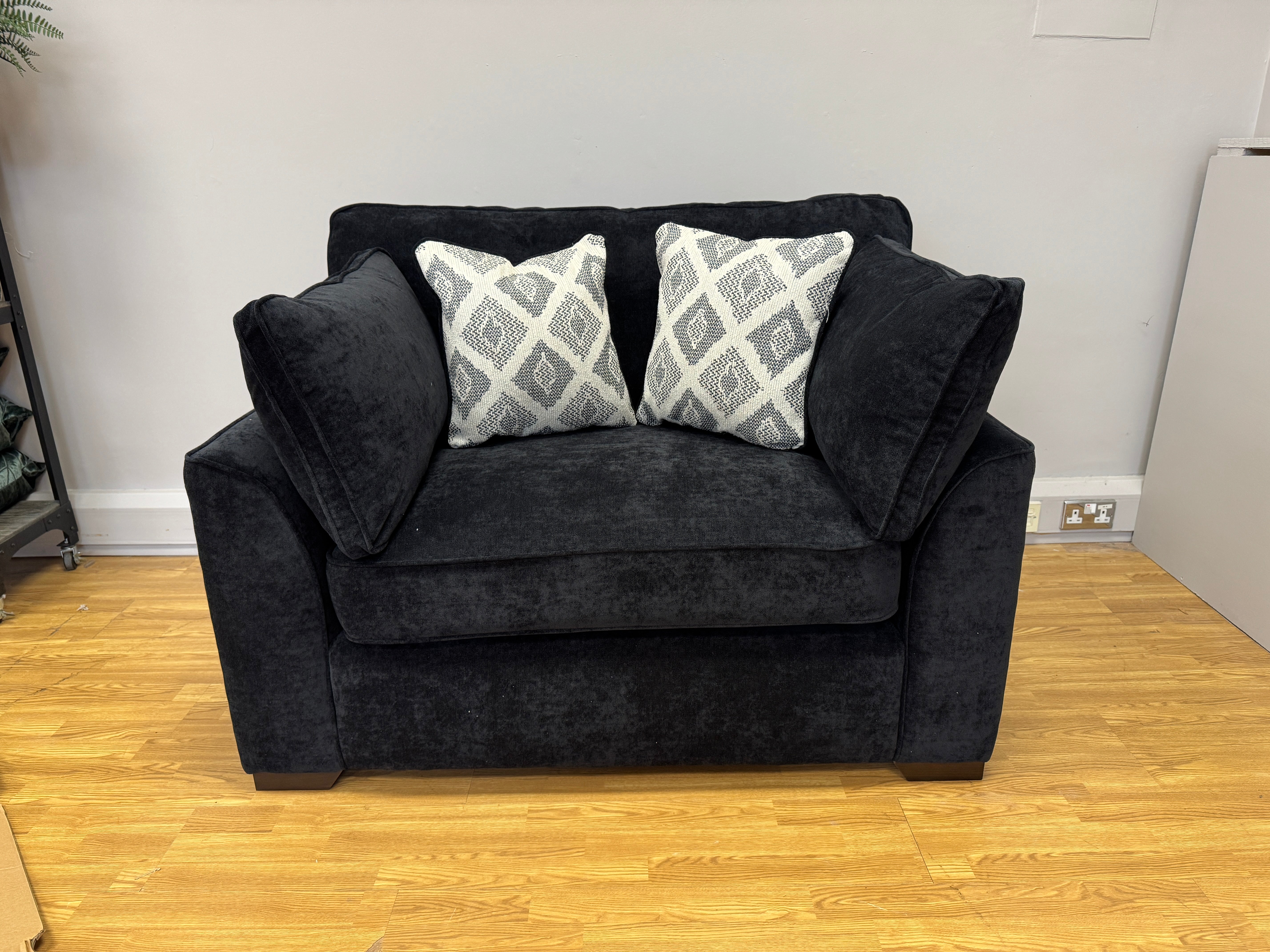 Lorna large loveseat with bolster cushions and matching footstool in Kingston Black chenille fabric