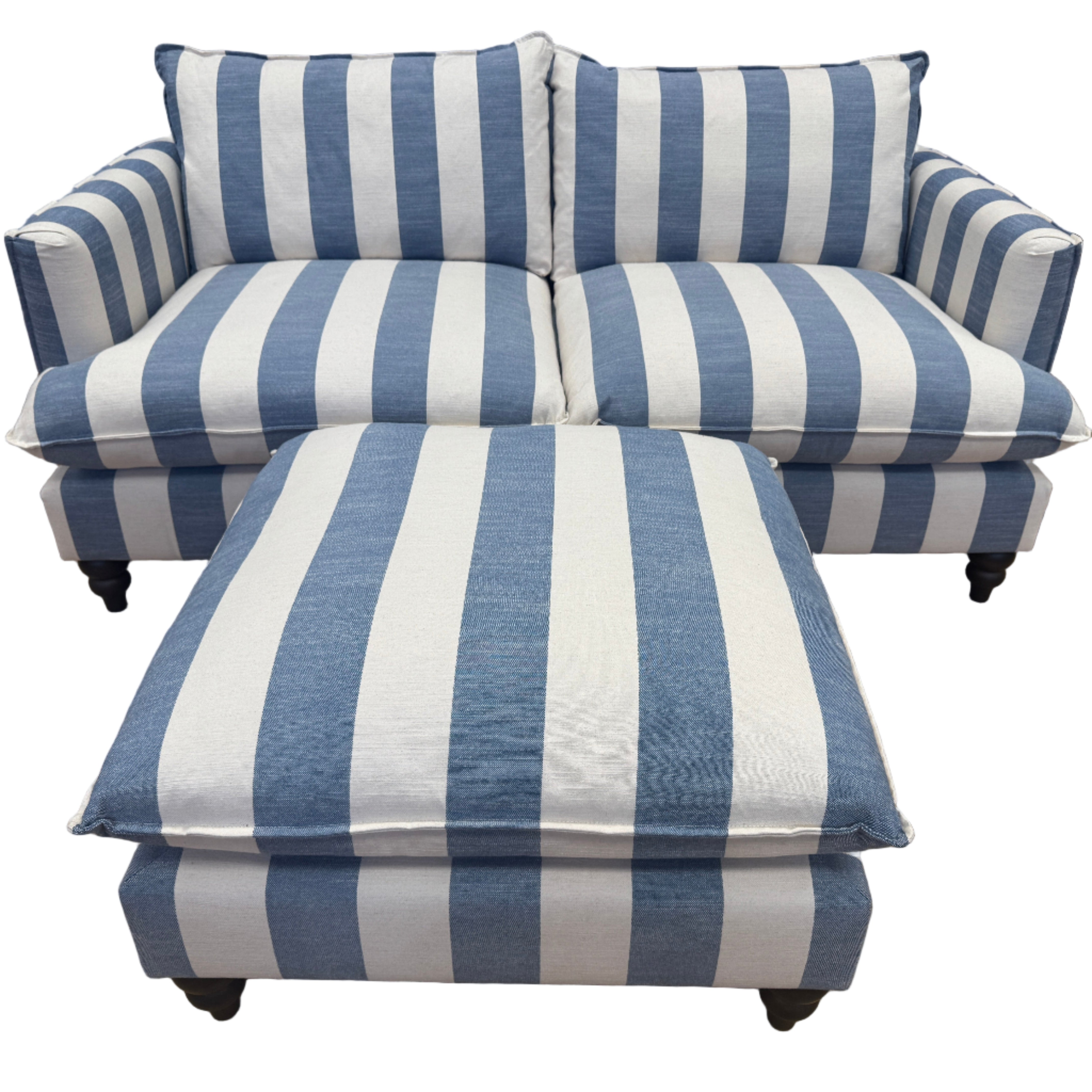 Cocobella 3 seater sofa & matching footstool in denim blue & white stripe fabric