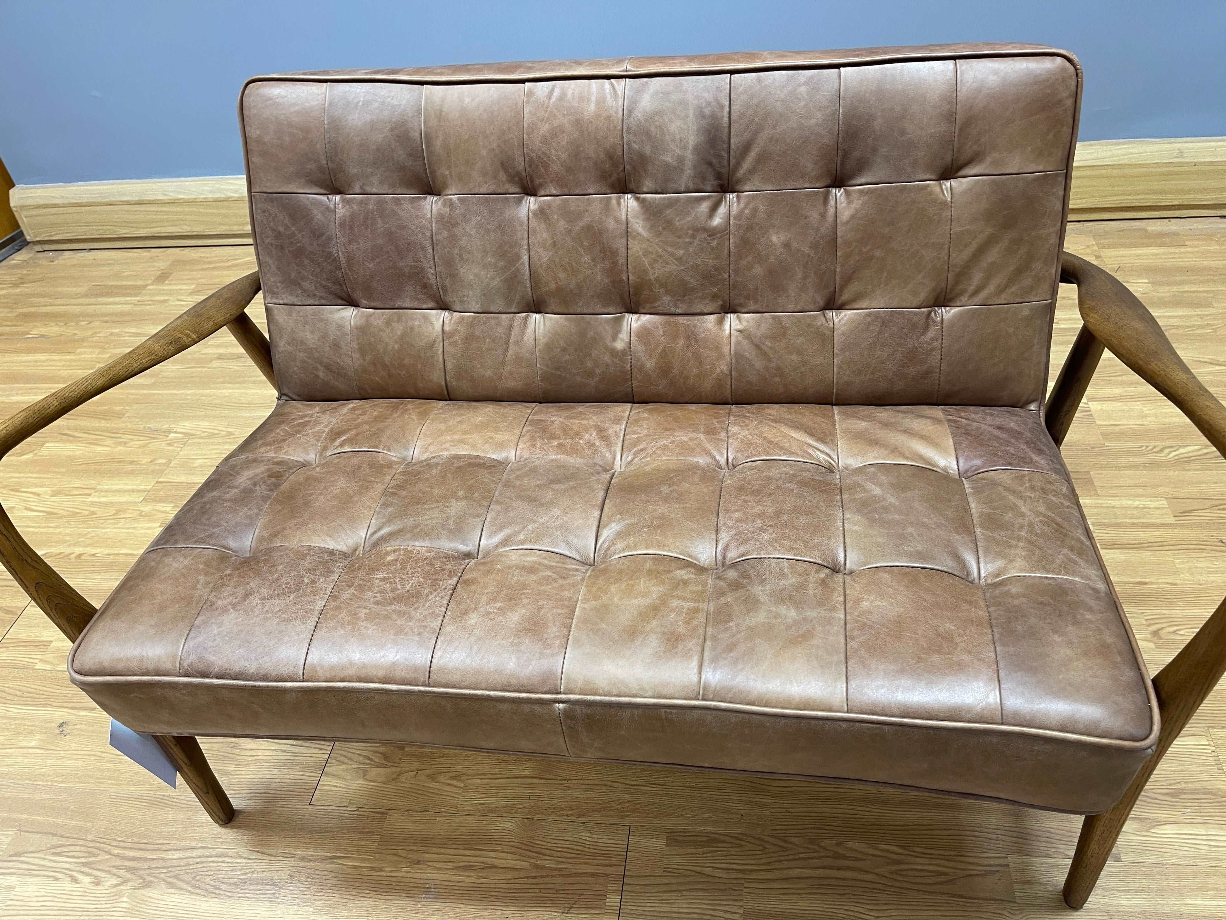 CALDER 2 seater sofa with vintage tan brown leather & polished walnut wood frame