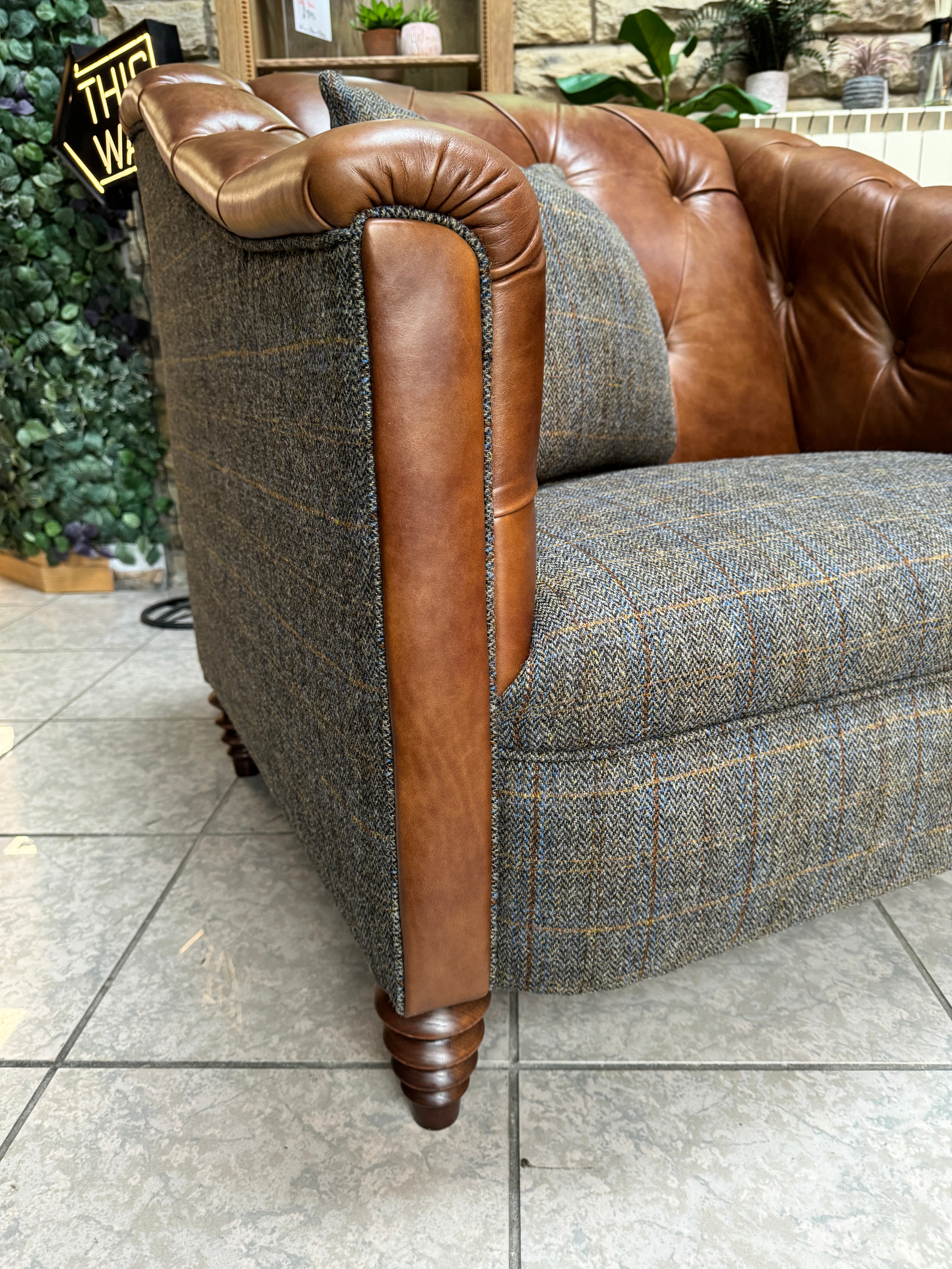 PLANTATION large Buttoned Back Armchair in Antique Whiskey Brown Leather & Harris Tweed fabric