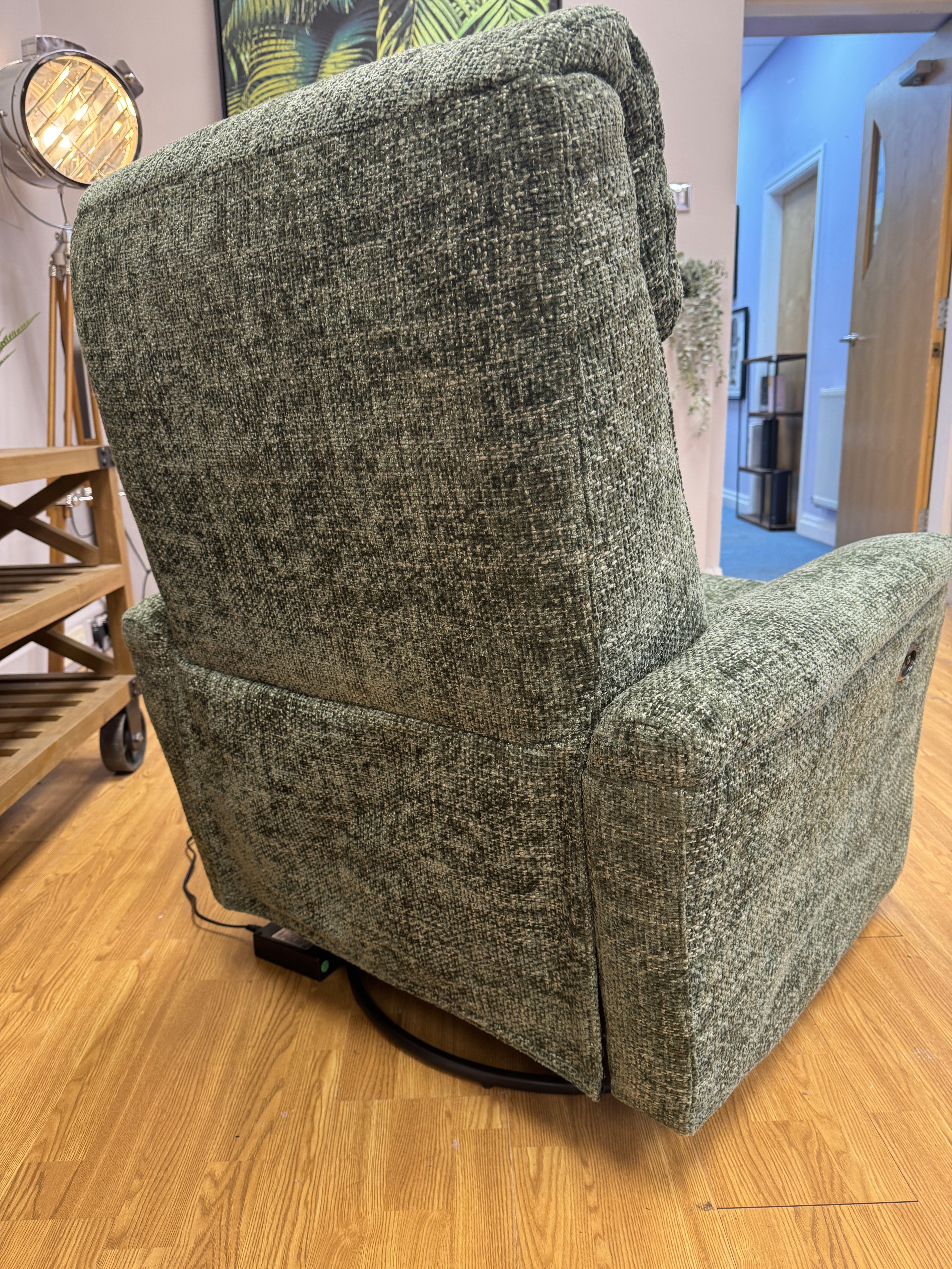 Rowan swivel rocking electric reclining slim armchair in moss green weave fabric