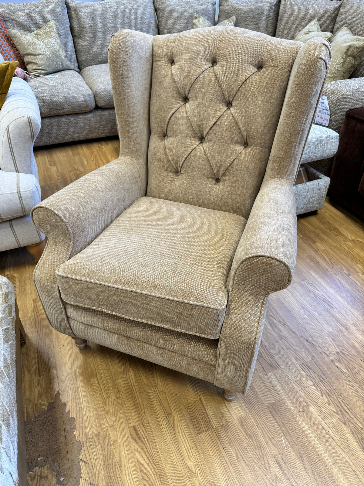 Heather high button back winged armchair in Marni Toffee chenille