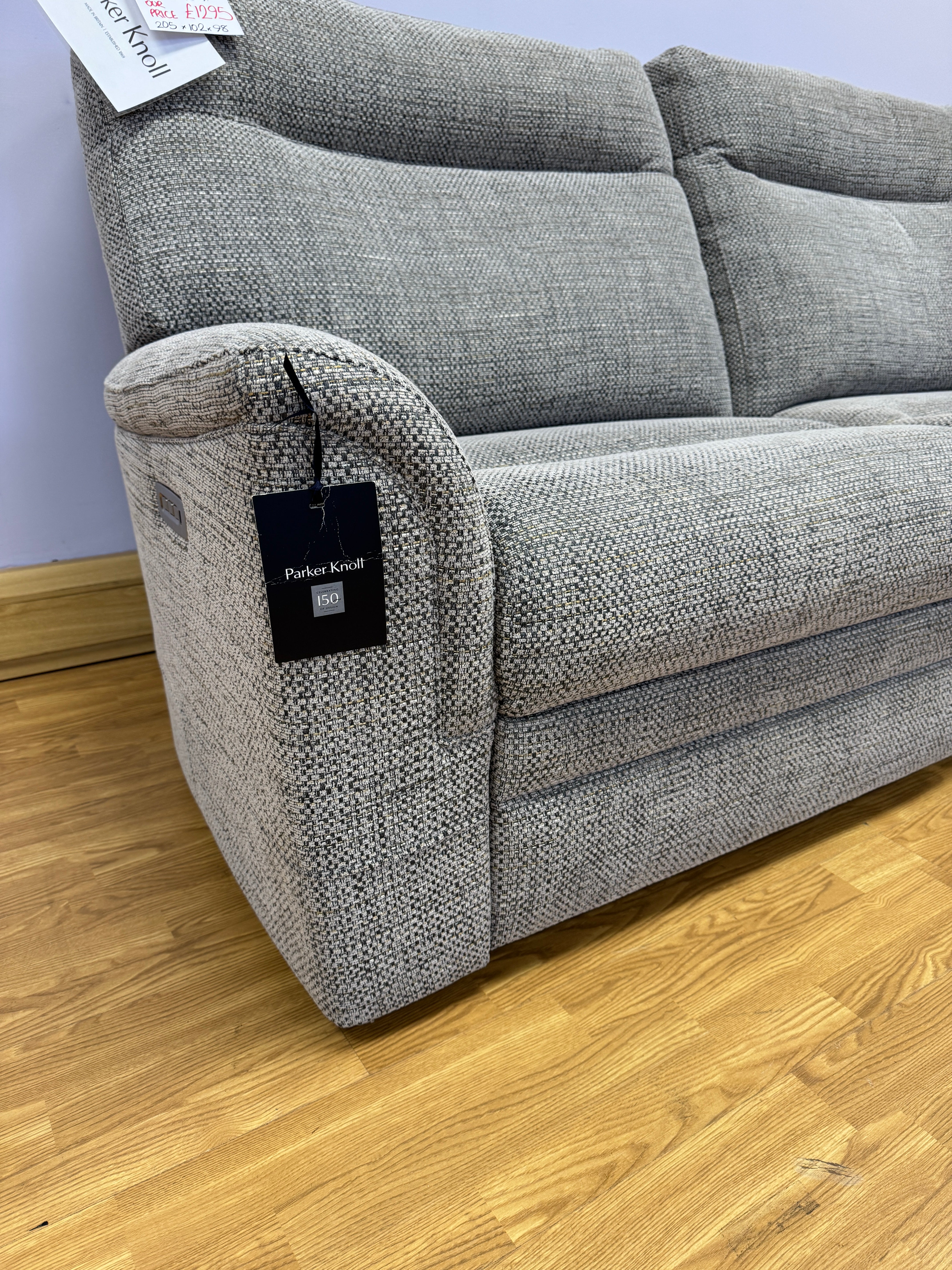 Parker Knoll Colorado split 3 seater electric reclining sofa with lumbar support in mid grey mix weave fabric
