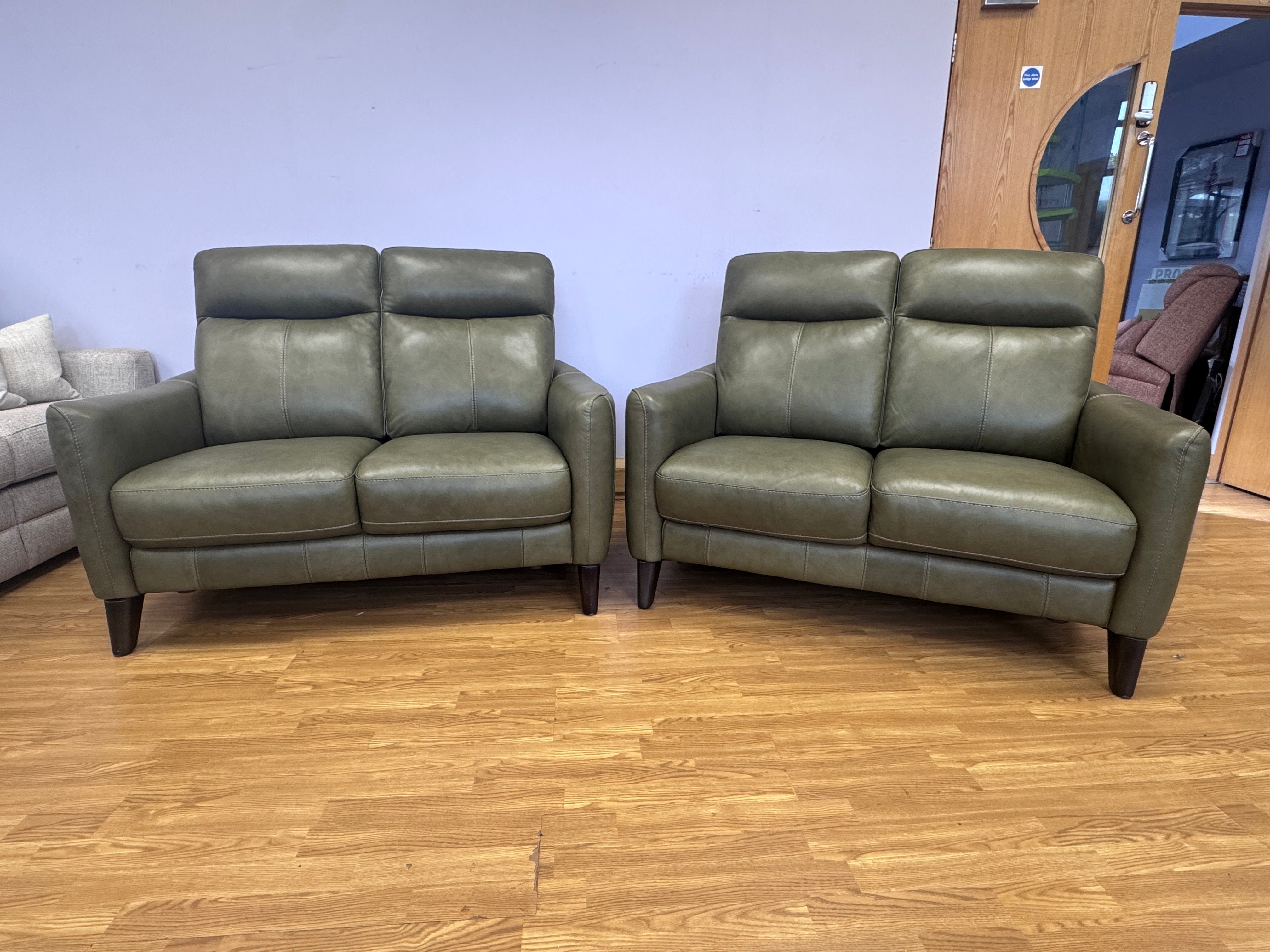Compact Contempo petite 2 seater high back sofa in Olive green leather (pair available)