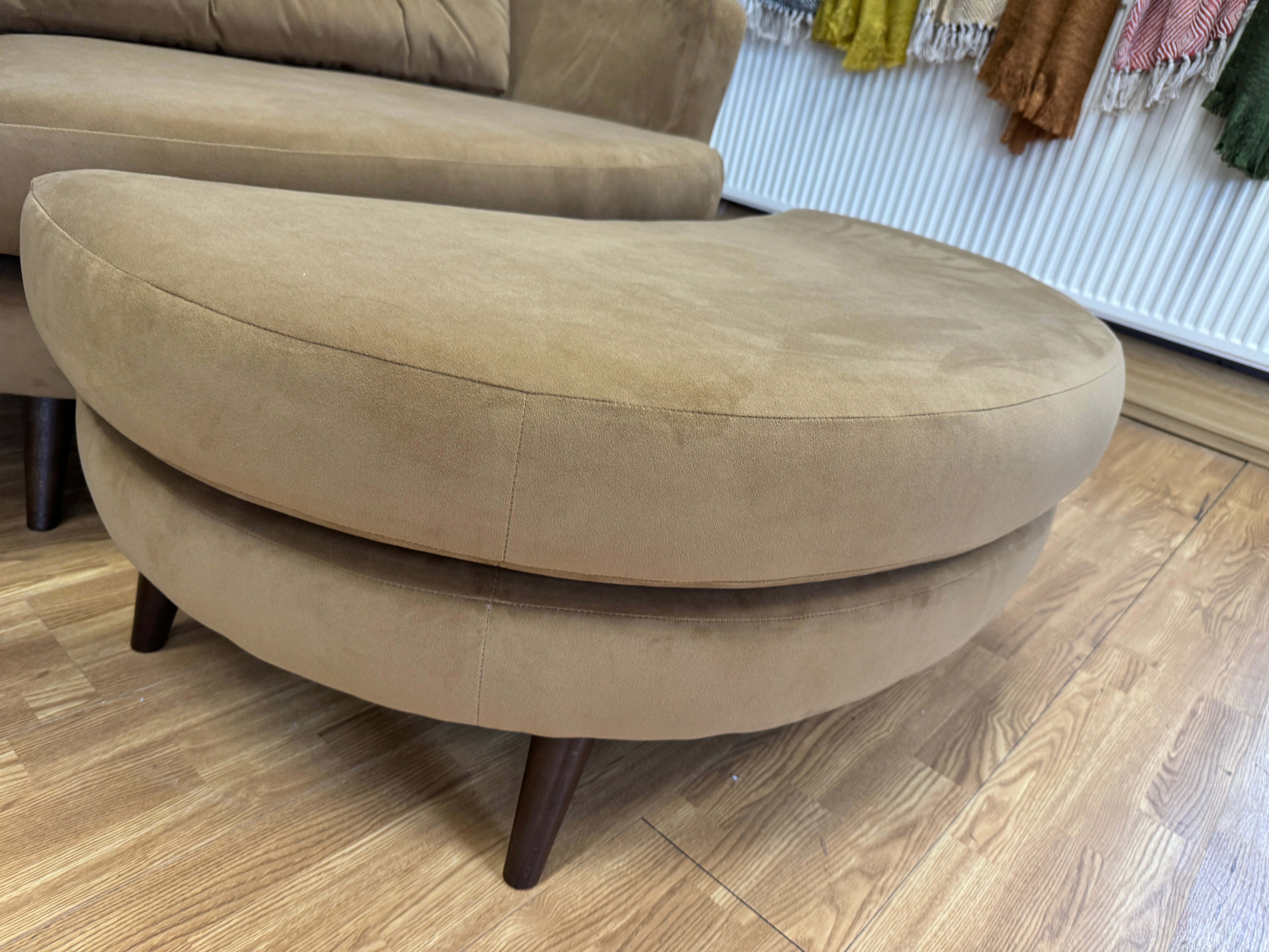 LISBON oval loveseat snuggle chair & matching crescent footstool both in fudge velvet RRP £1378