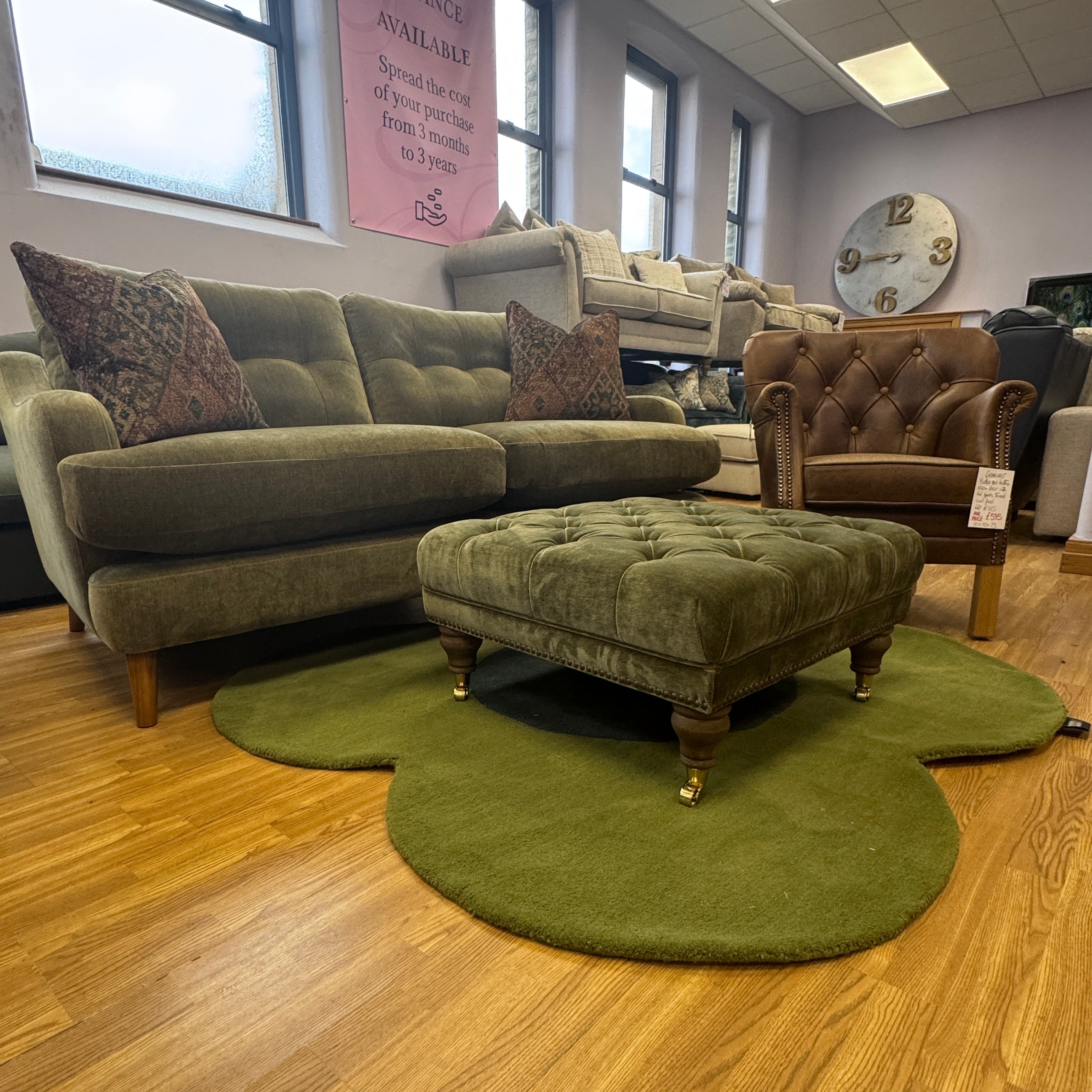 Rowen 3 seater standard back sofa in khaki green soft chenille fabric