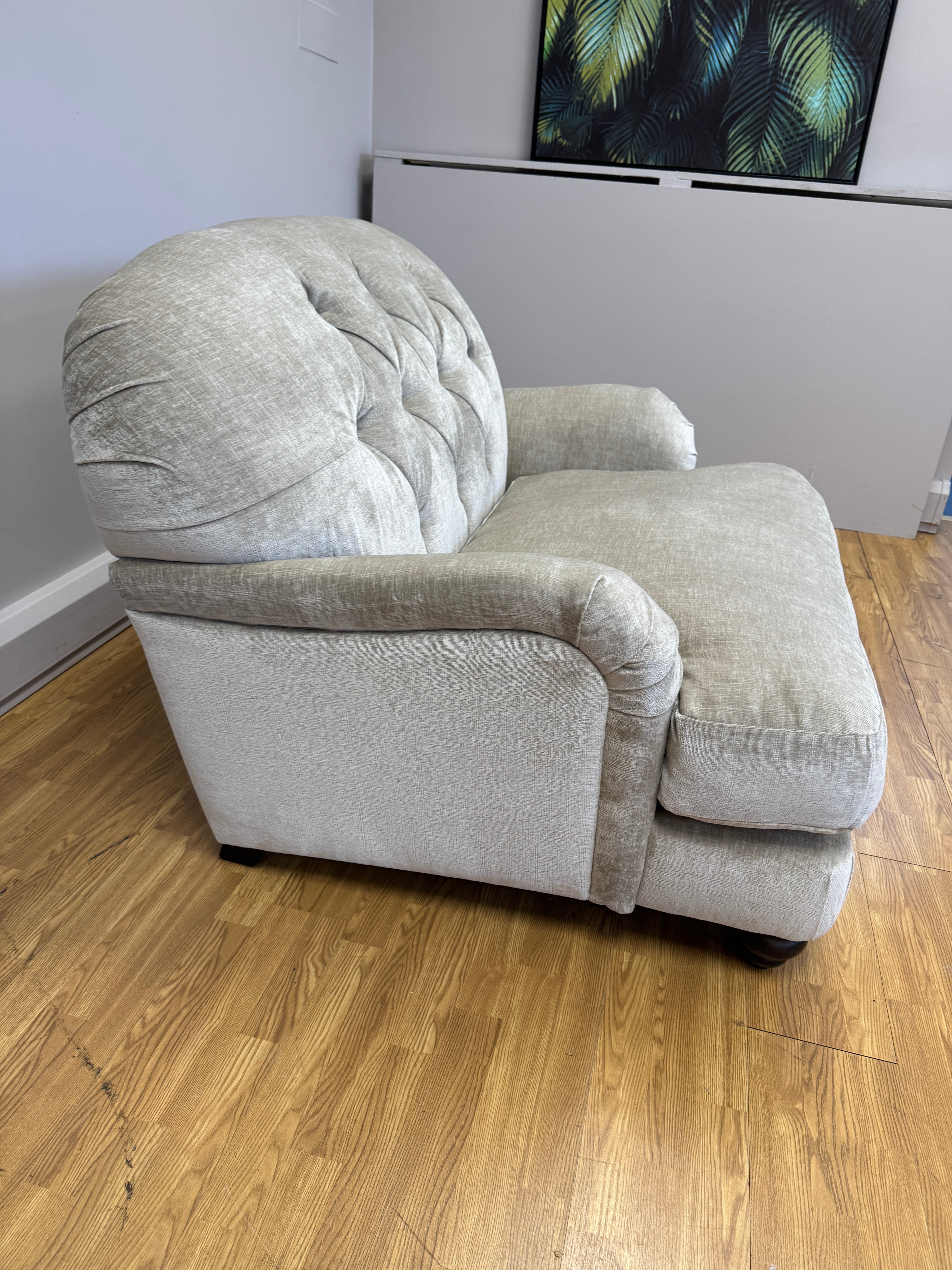 Derry button back loveseat in Dion Husk velvet fabric