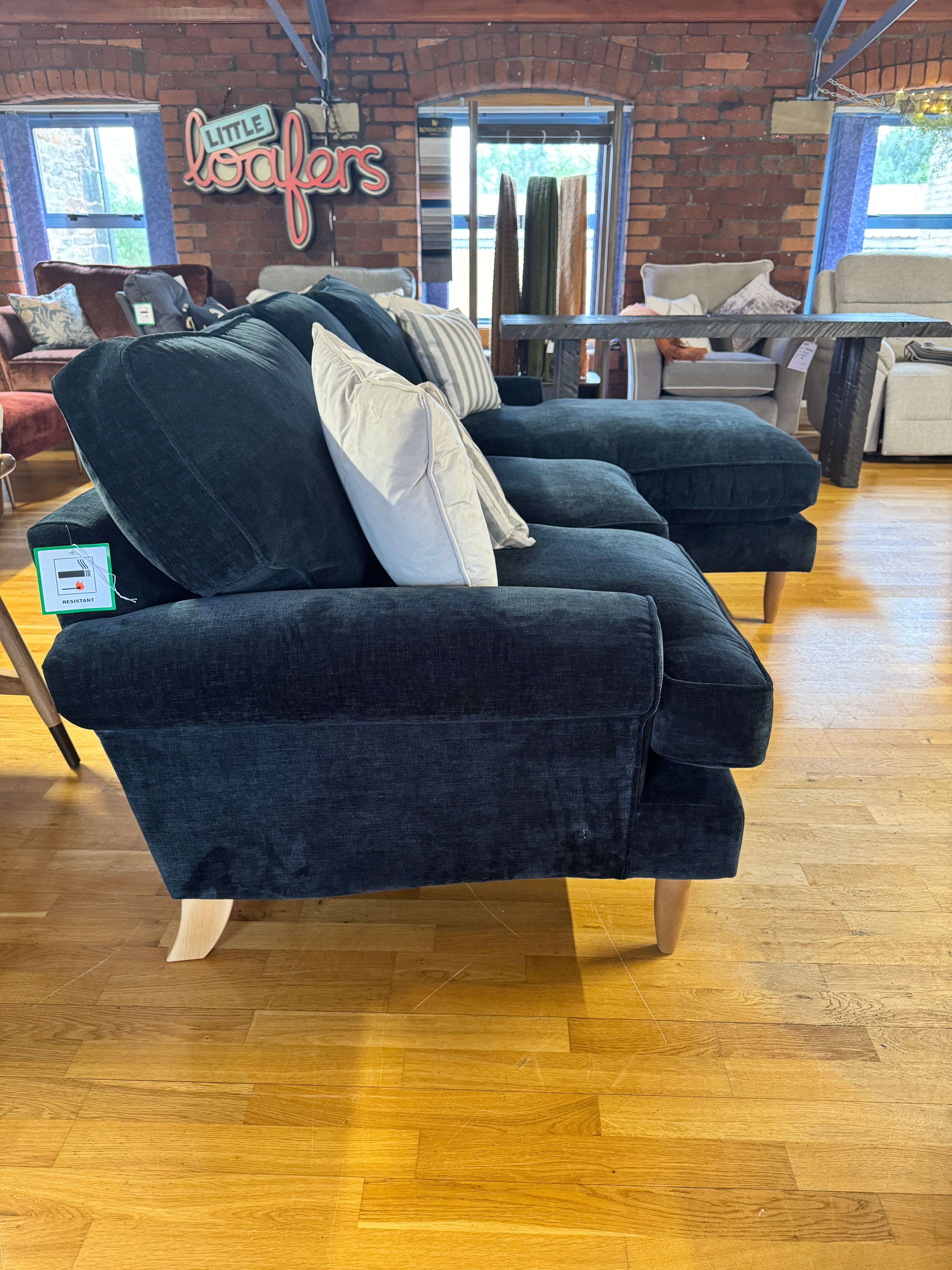 Finchley right facing 2 piece chaise sofa in Ink blue chenille fabric