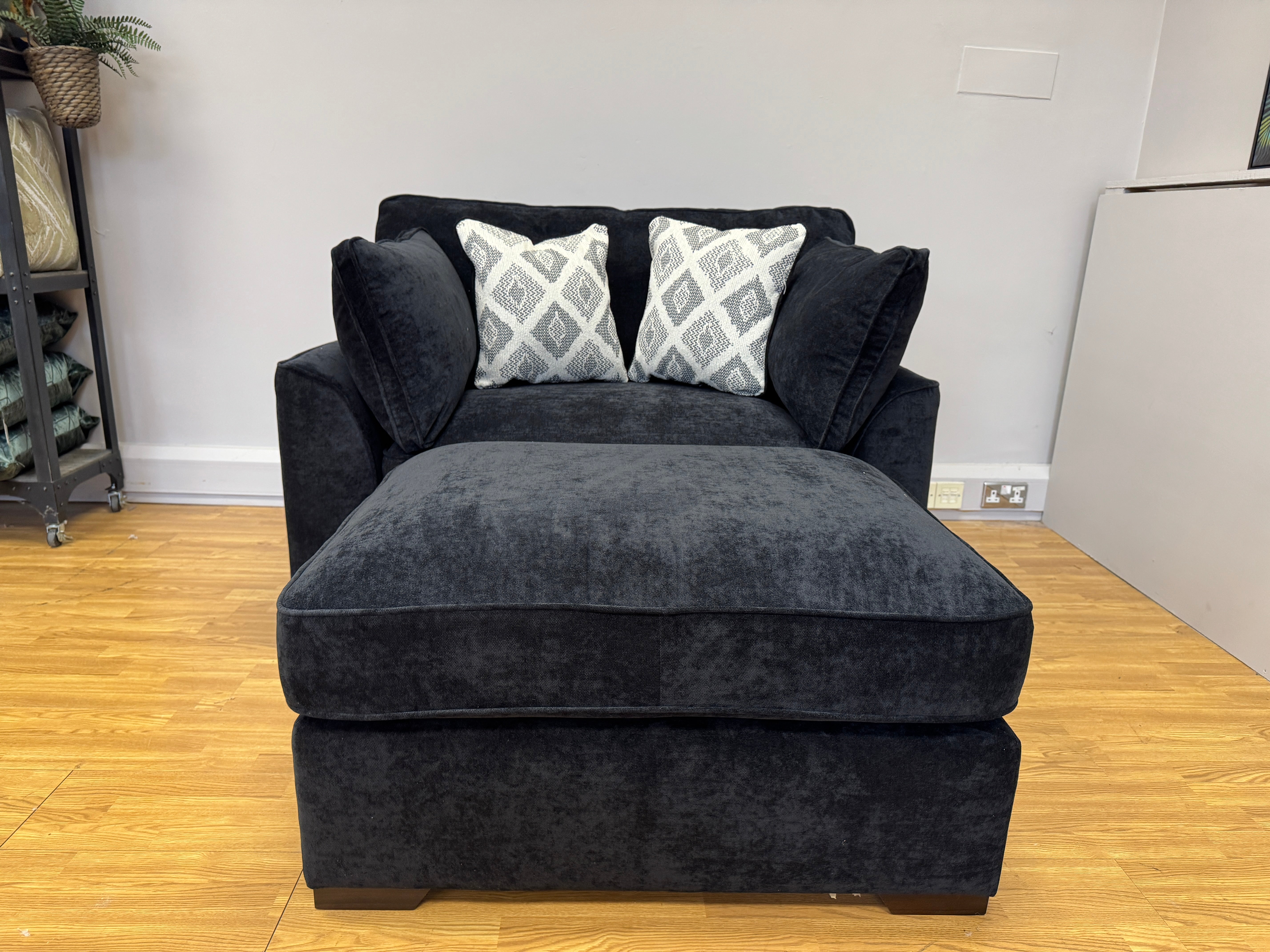 Lorna large loveseat with bolster cushions and matching footstool in Kingston Black chenille fabric