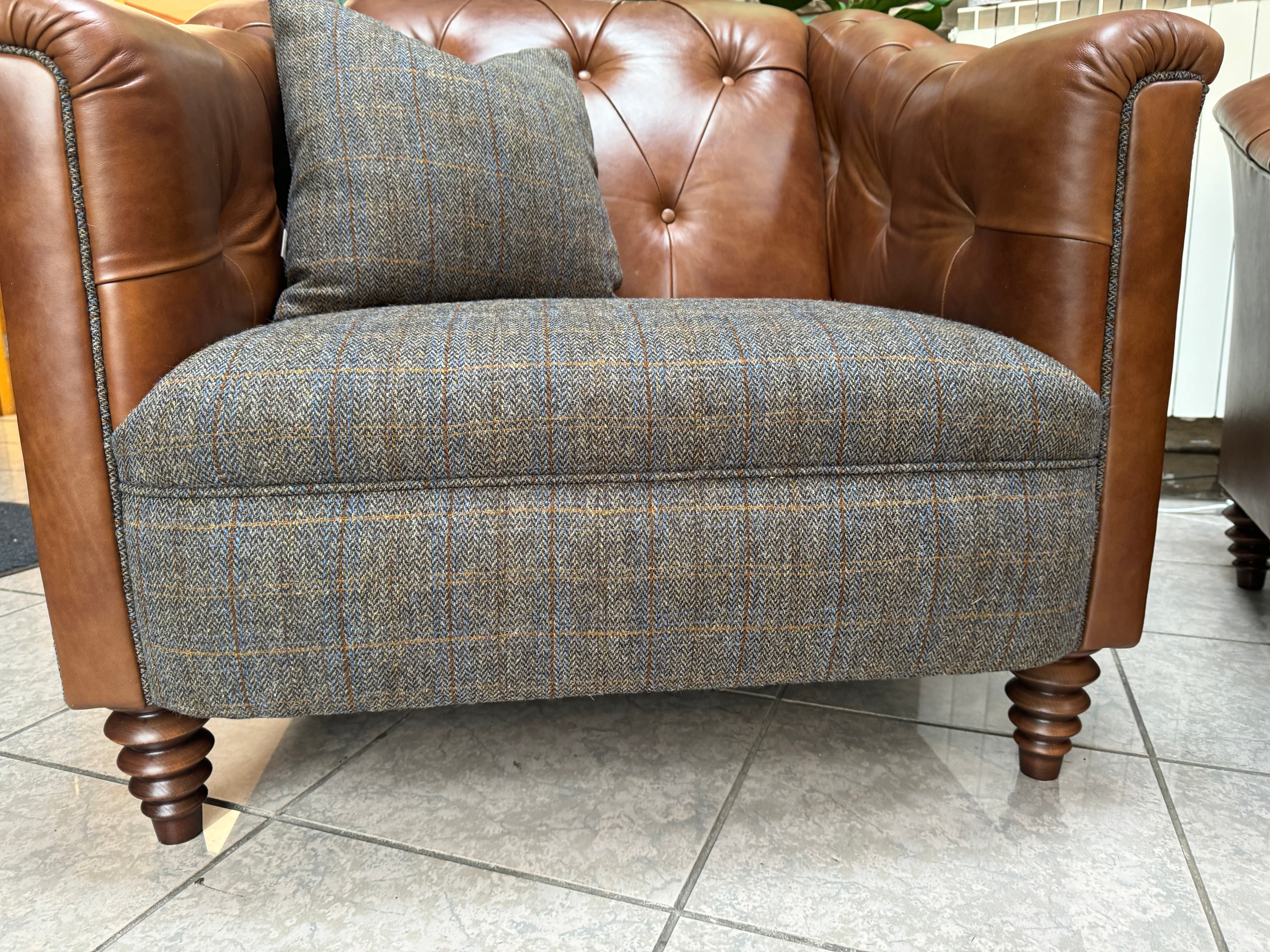 PLANTATION large Buttoned Back Armchair in Antique Whiskey Brown Leather & Harris Tweed fabric