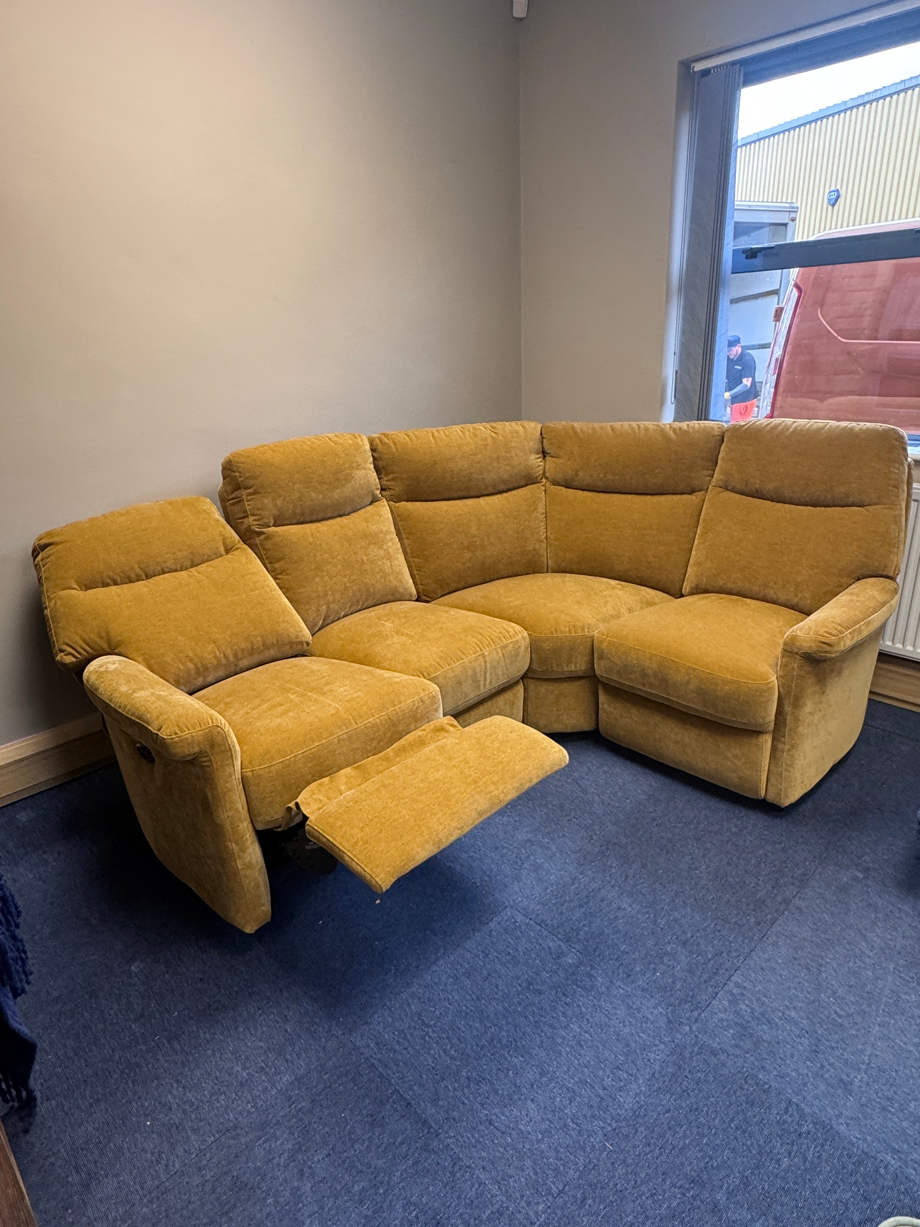 Snug Right facing electric reclining 3 piece corner sofa in mustard velvet fabric