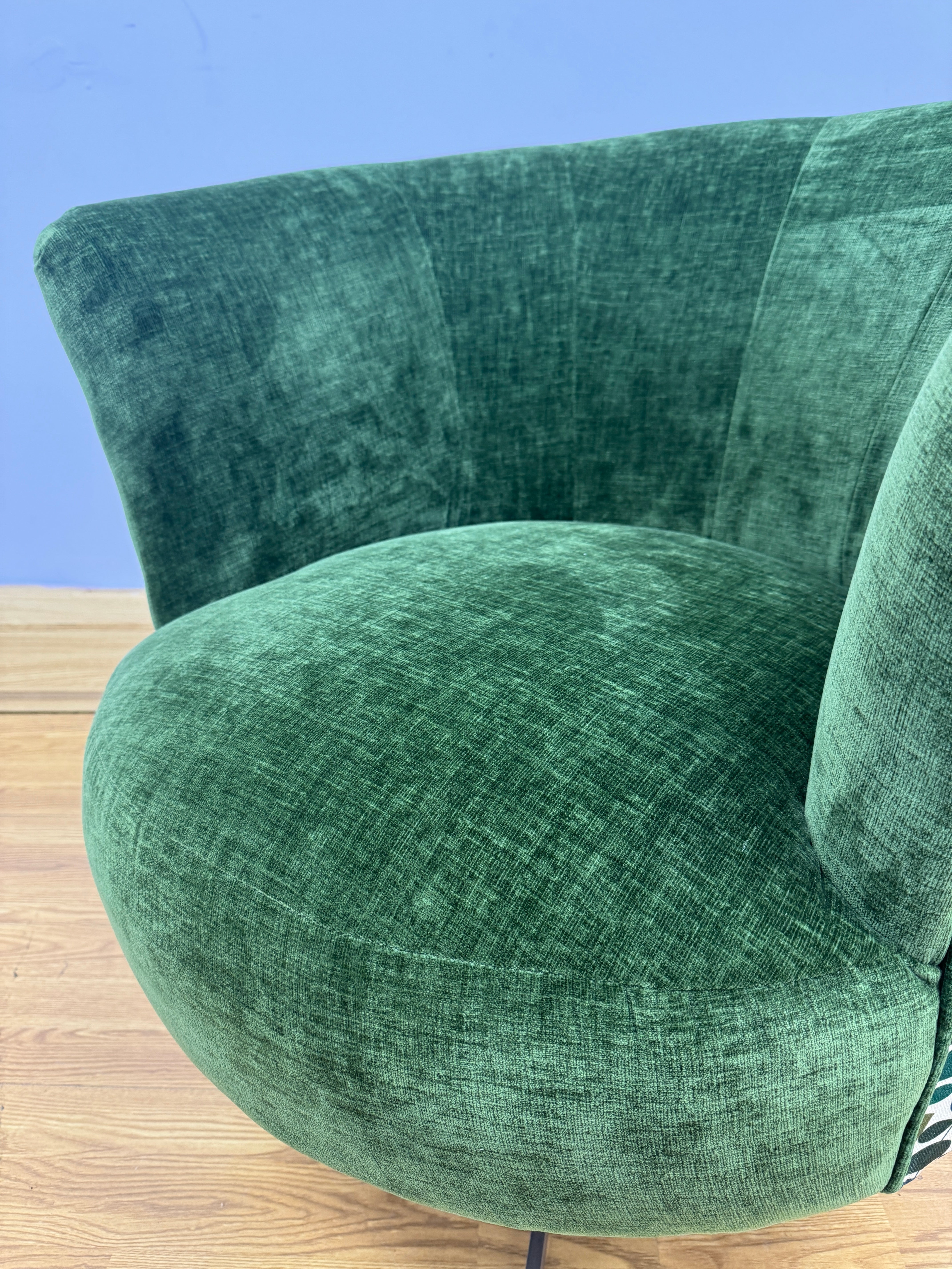 Orla Kiely Lily swivel base chair in Evergreen velvet with Jigsaw emerald navy back
