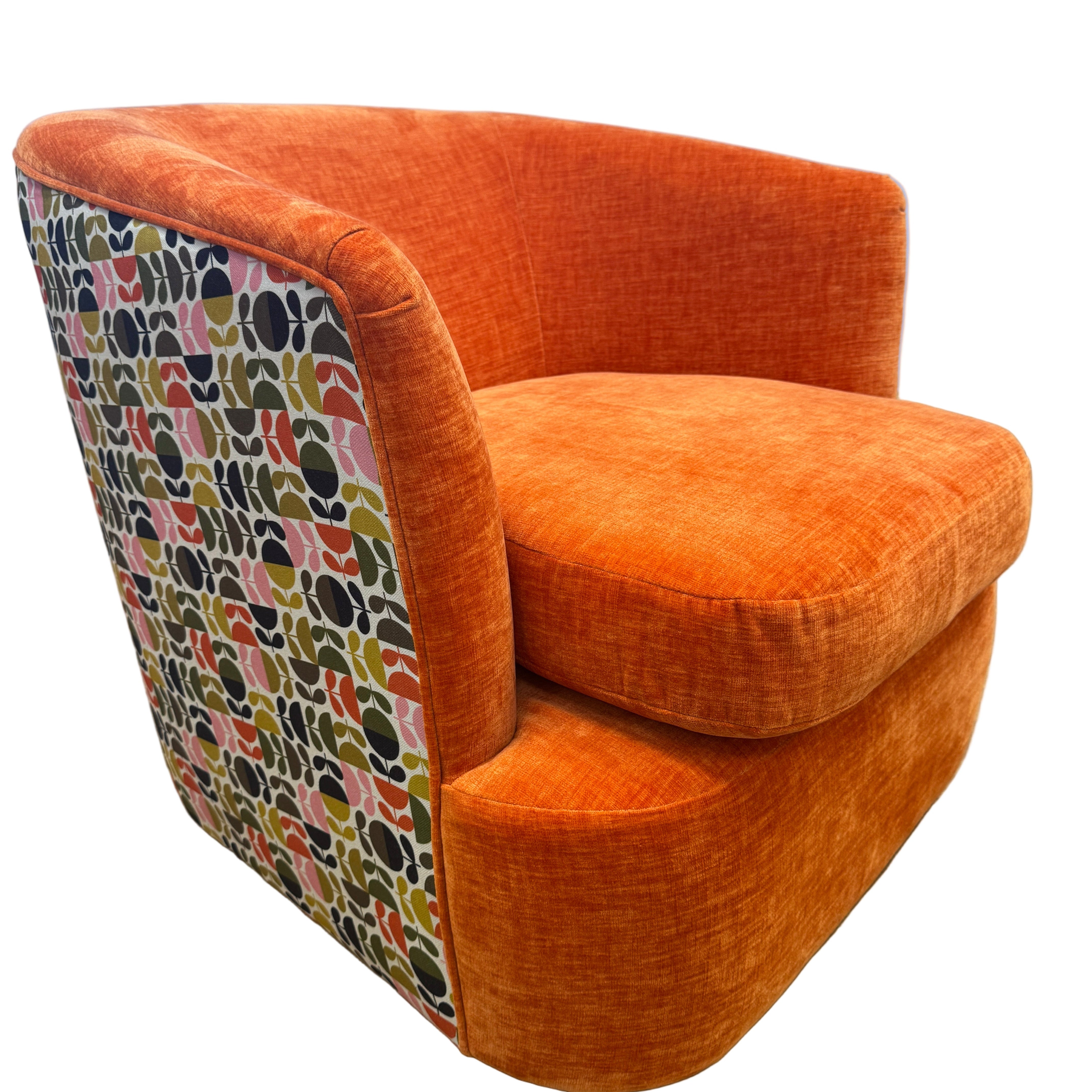 Orla Kiely Callan swivel base chair in Orange velvet with Jigsaw pink ochre back