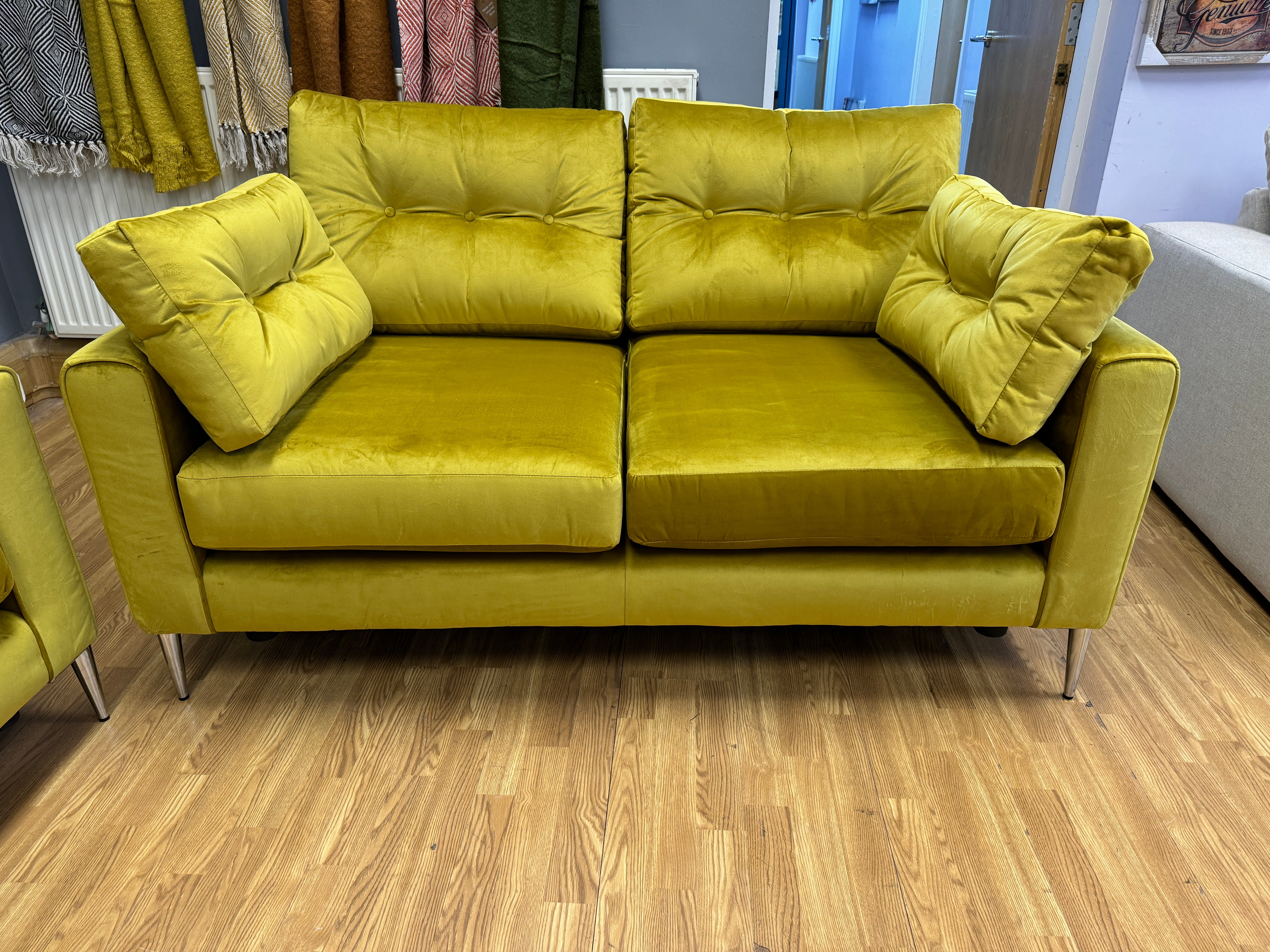 MAYA 2 seater standard back sofa in Antique gold velvet fabric