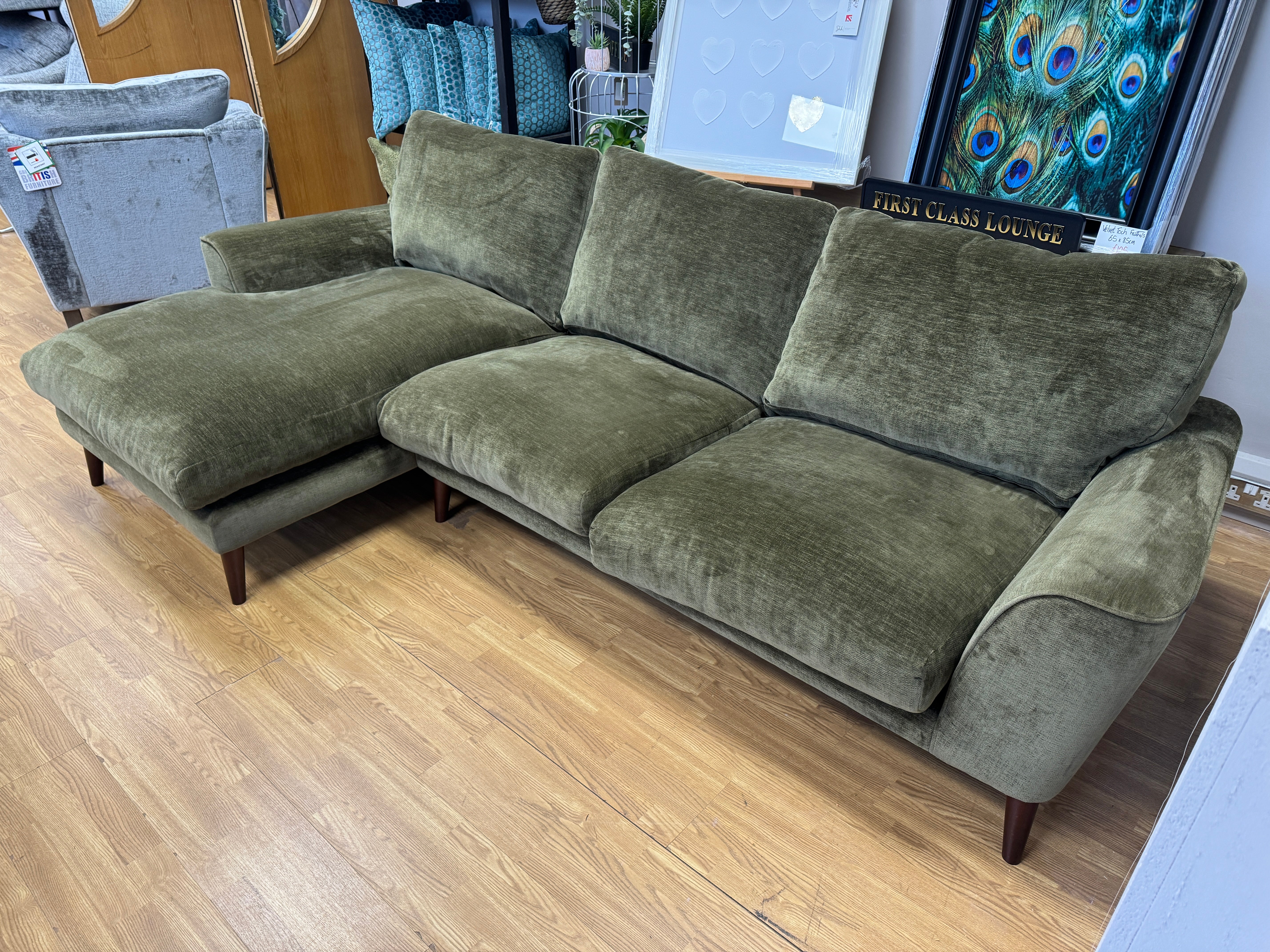 Astrid 2 piece left facing chaise sofa in Olive green chenille