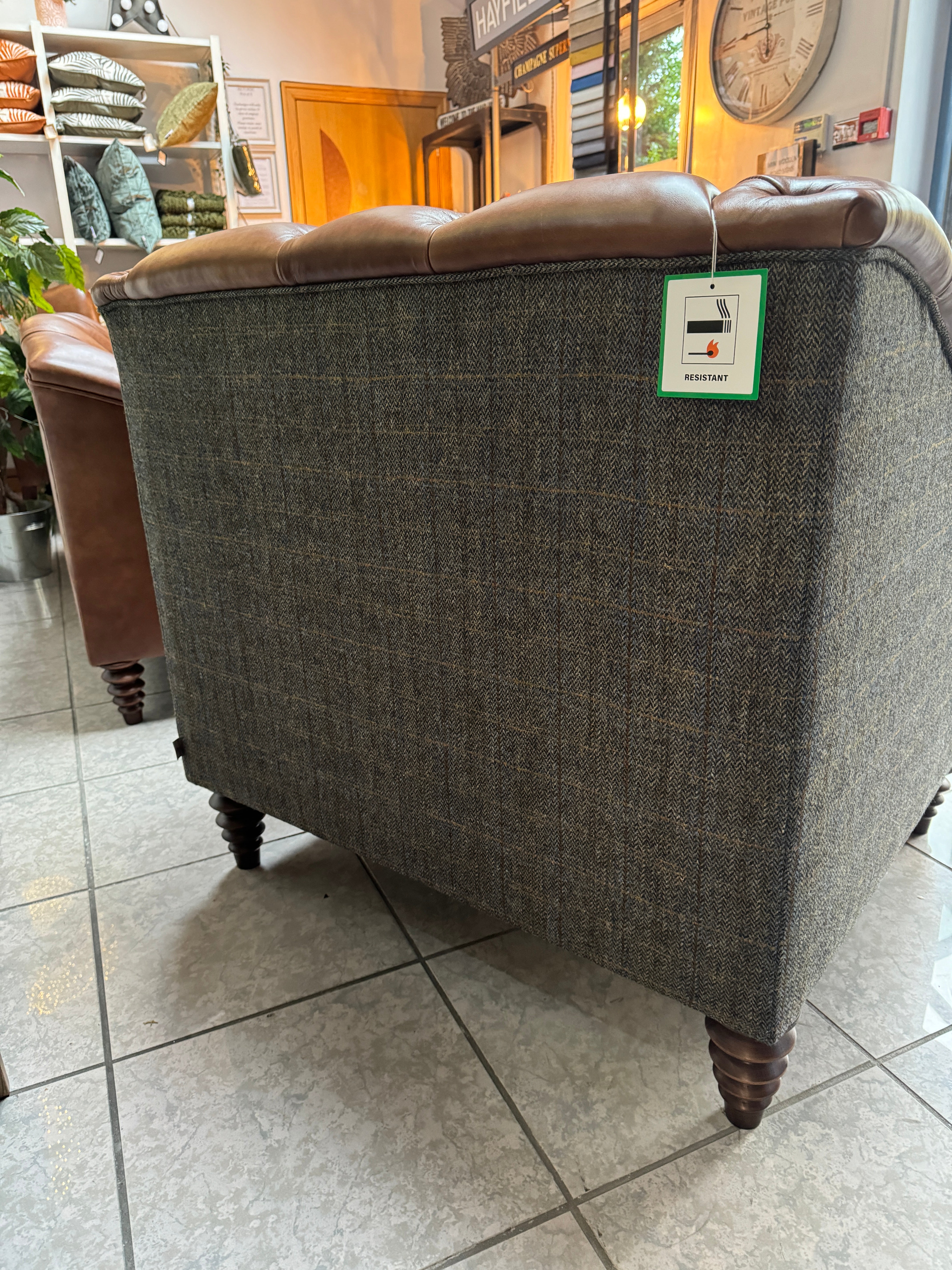 PLANTATION large Buttoned Back Armchair in Antique Whiskey Brown Leather & Harris Tweed fabric