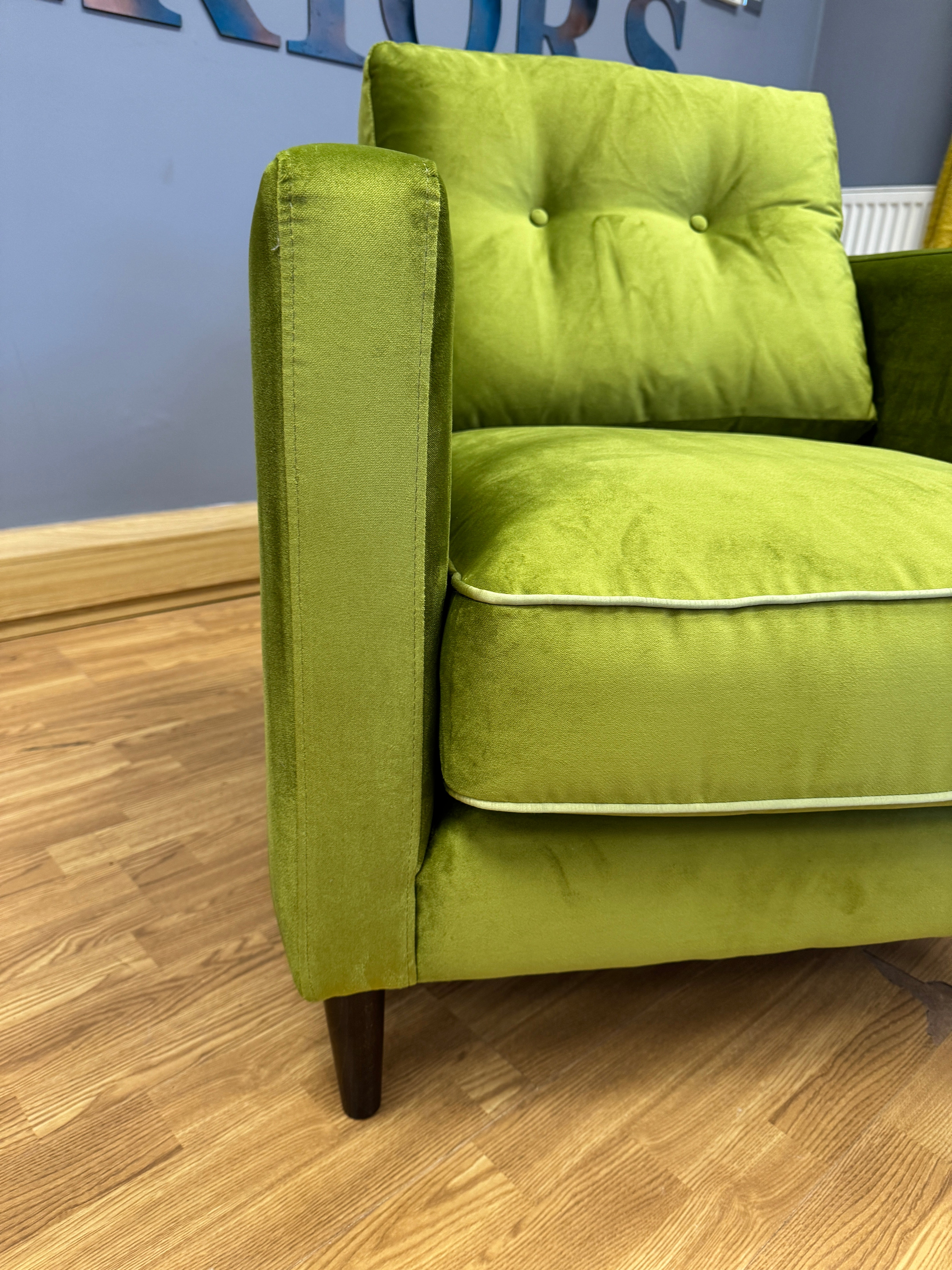 Orla Kiely Sample accent chair in lime green velvet fabric RRP £999