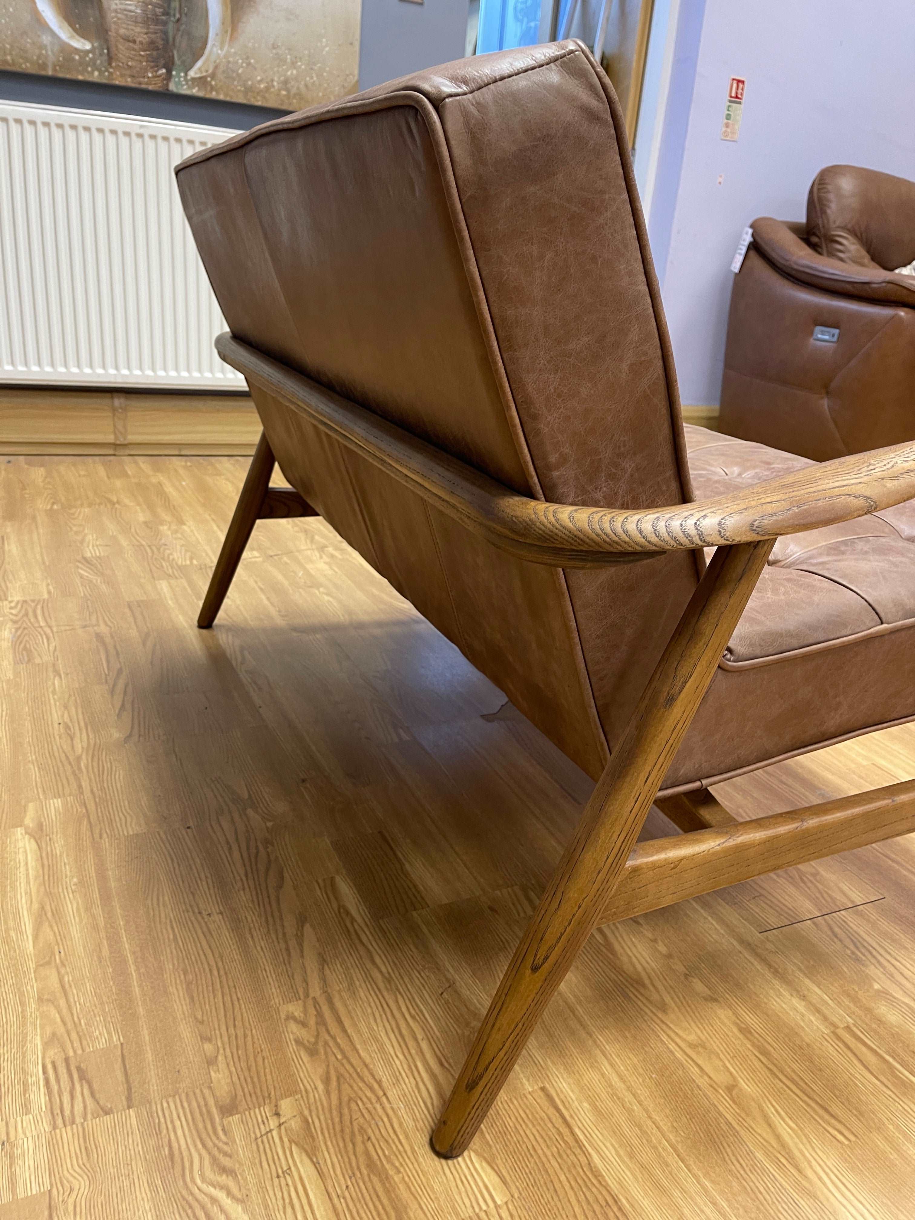 CALDER 2 seater sofa with vintage tan brown leather & polished walnut wood frame