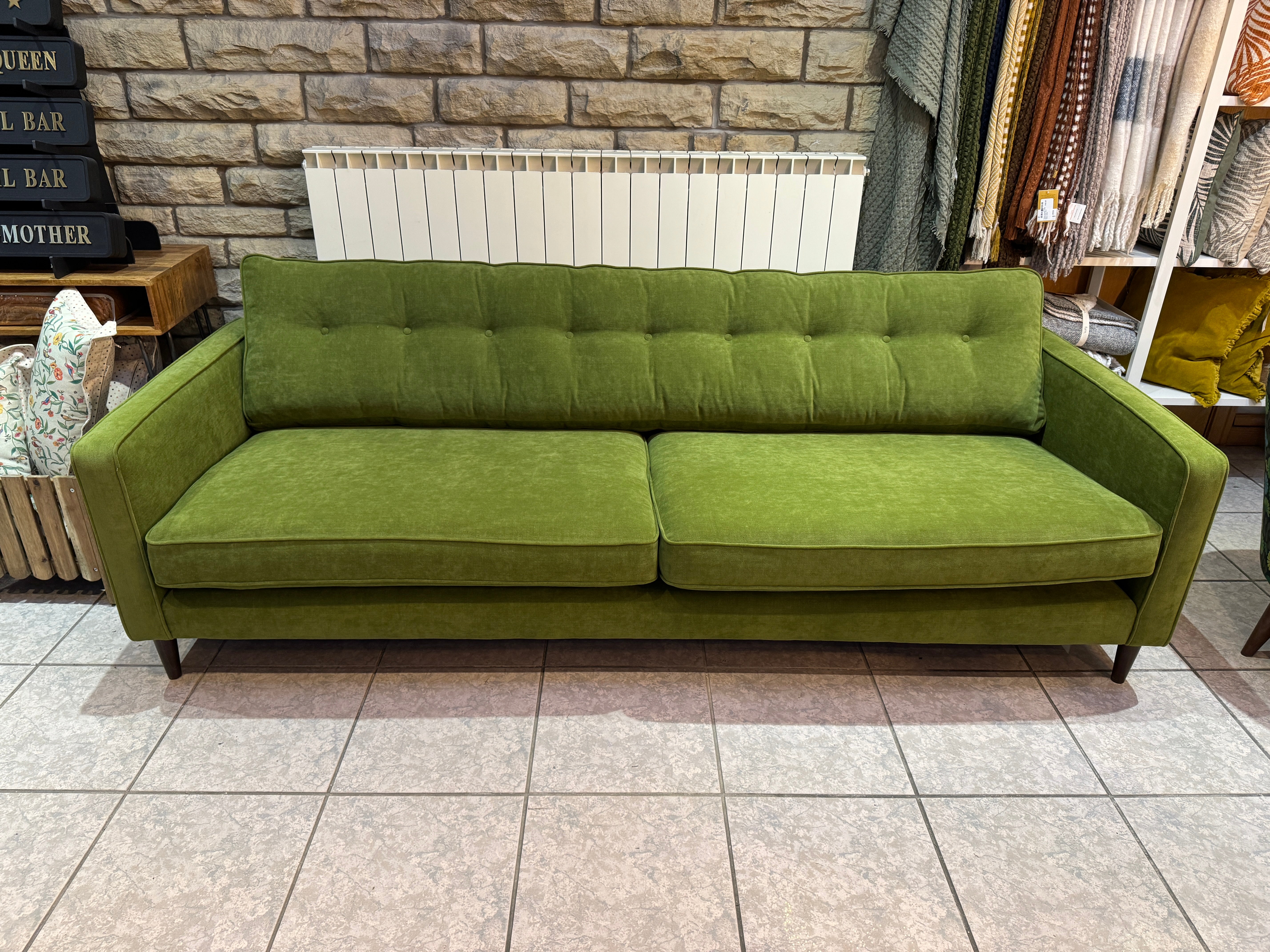 Orla Kiely large 4 seater sofa with bench style back cushion in Apple green brushed cotton fabric